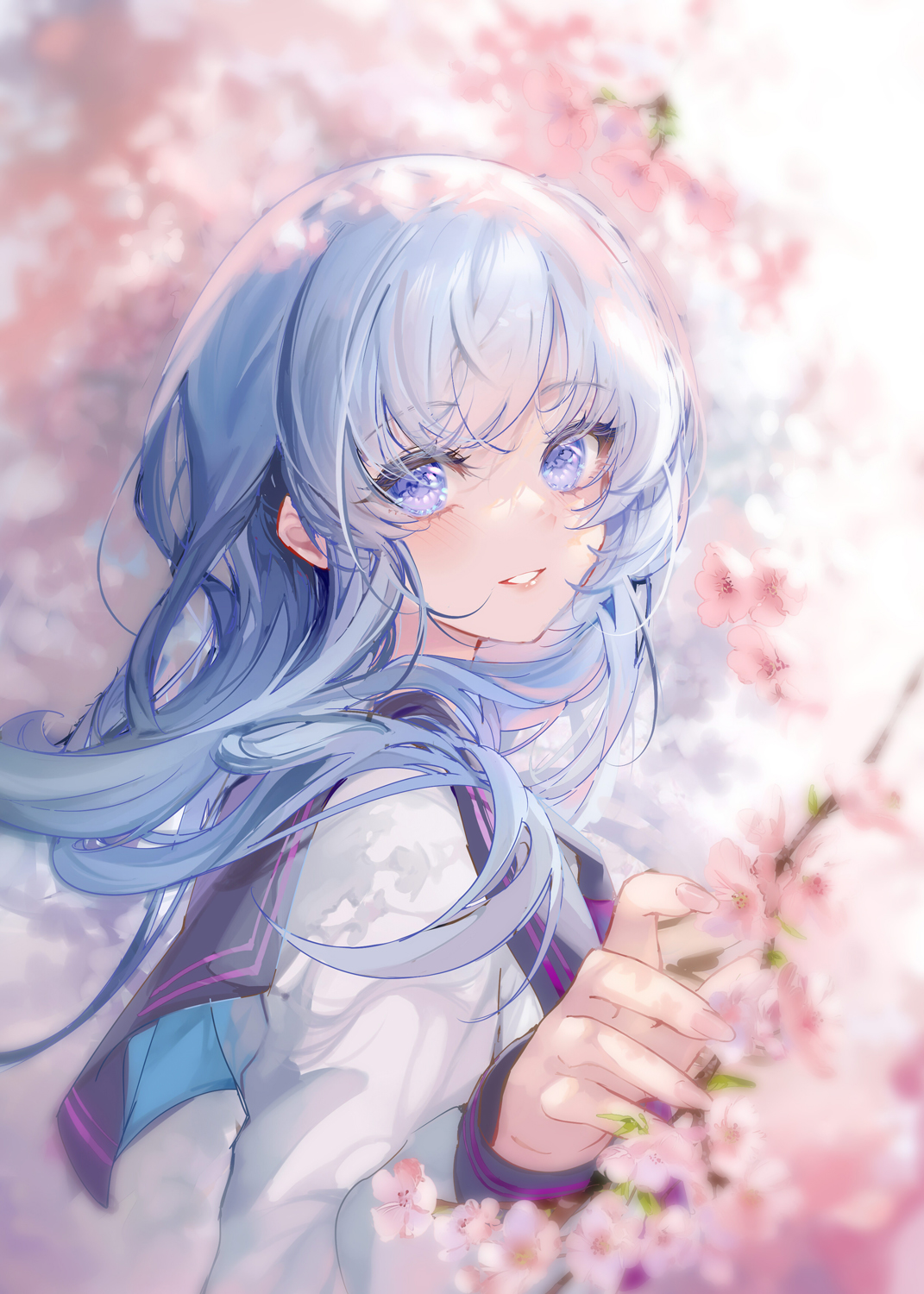 Anime Anime Girls Blue Hair Smile Cherry Blossom Blue Eyes Wallpaper -  Resolution:1071x1500 - ID:1308620 