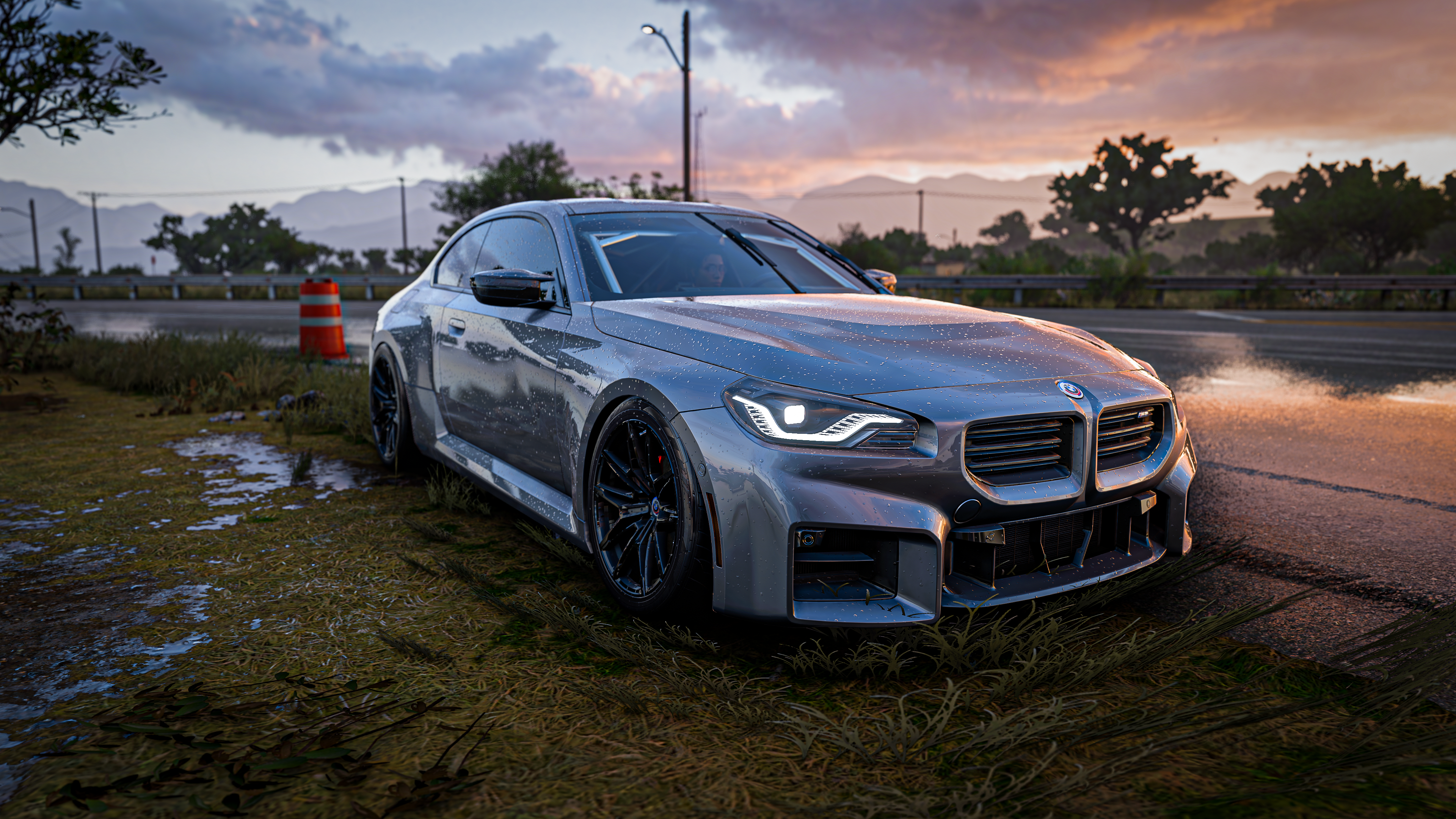 BMW BMW M2 Drift Sunset Reflection CGi Forza Horizon 5 Forza Horizon Forza Video Games Rain Grass Sk 3840x2160