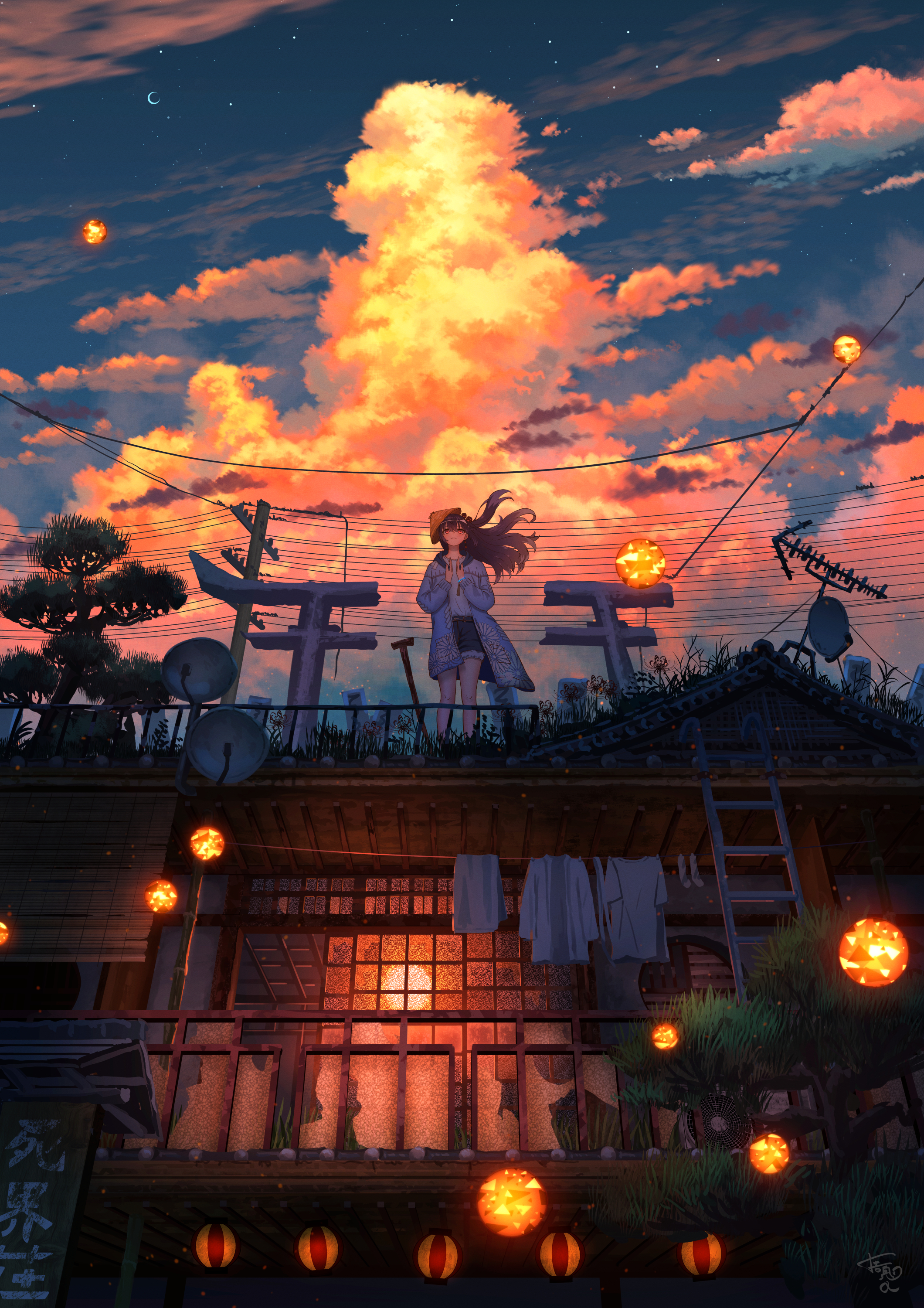 Anime Anime Girls Shuu Illust Vertical Sunset Low Angle Clouds Sunset Glow Sky 2120x3000