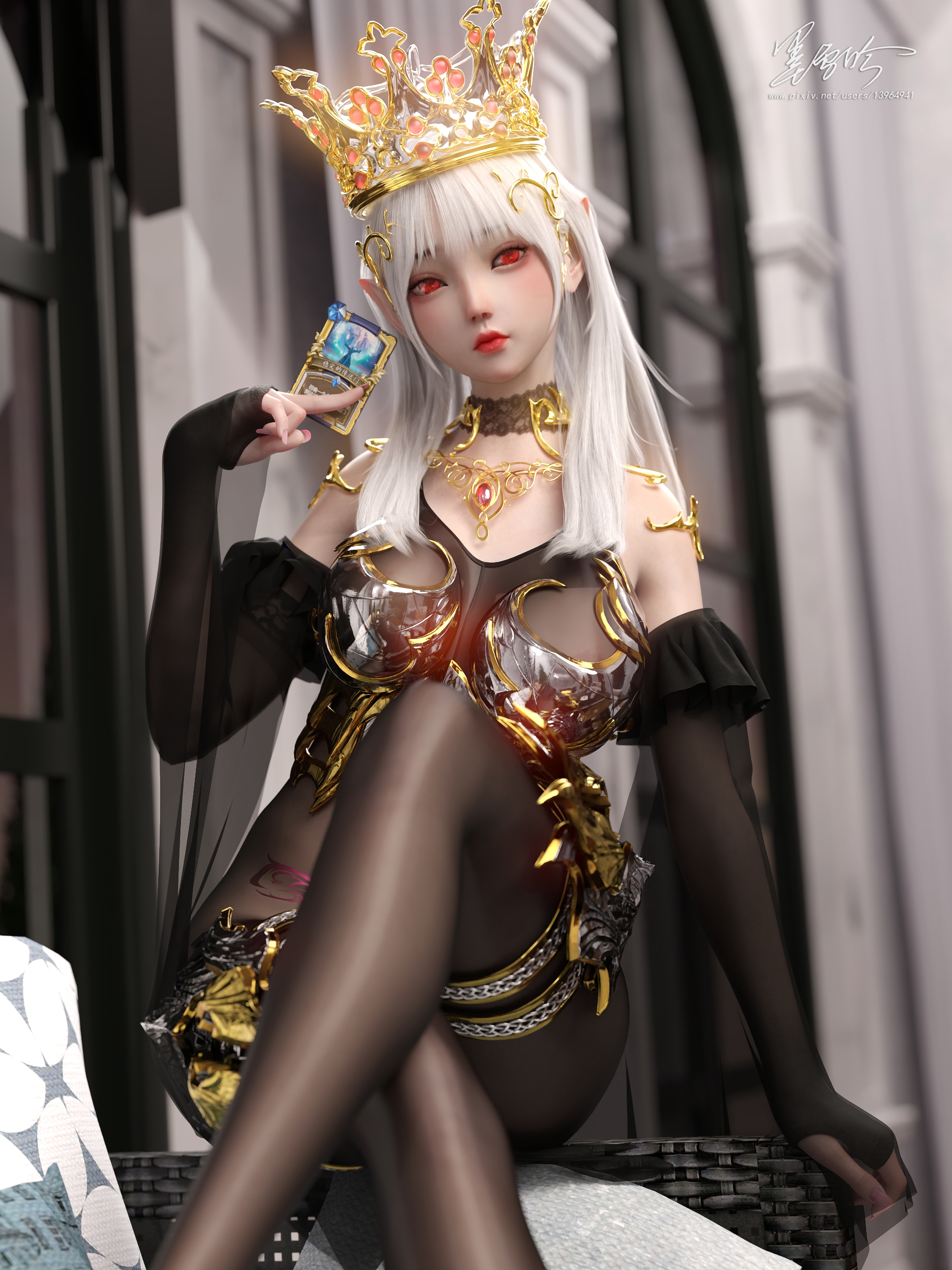 3D CG Fantasy Girl White Hair Red Eyes Crown Card Playing Cards 1920x2560