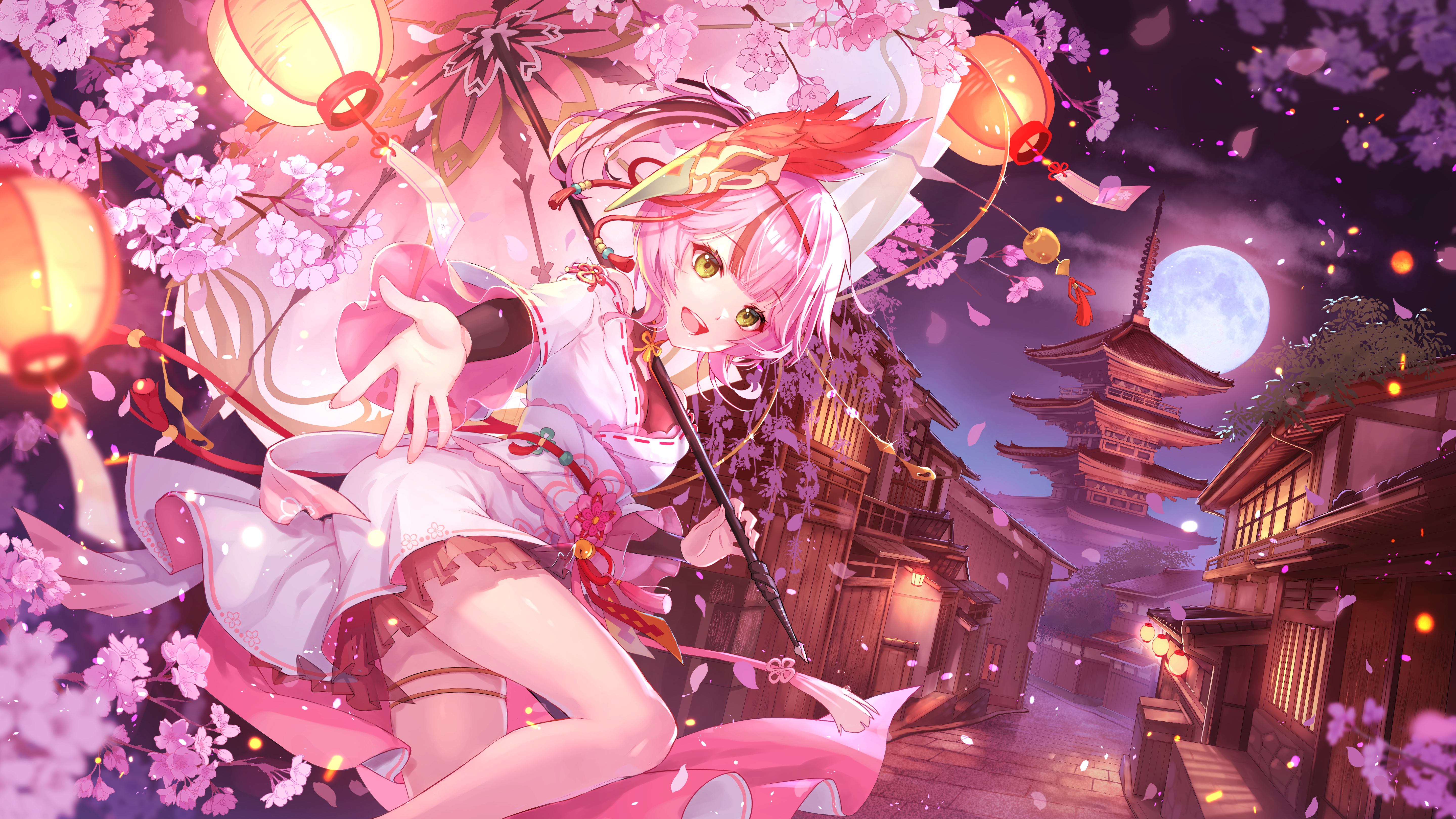 Anime Anime Girls Arms Reaching Night Moon Petals Umbrella Lantern Looking At Viewer Village Buildin 5760x3240