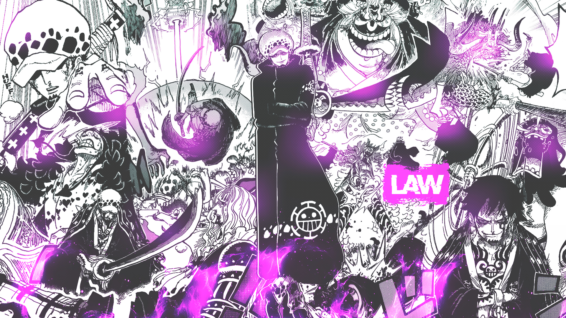 Collage Manga Trafalgar Law One Piece Anime Boys Monochrome Sword 1920x1080