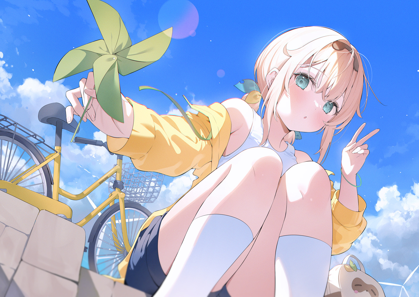 Anime Anime Girls Low Angle Blonde Peace Sign Clouds Sky Looking At Viewer  Short Hair Wallpaper - Resolution:1407x1000 - ID:1379421 - wallha.com