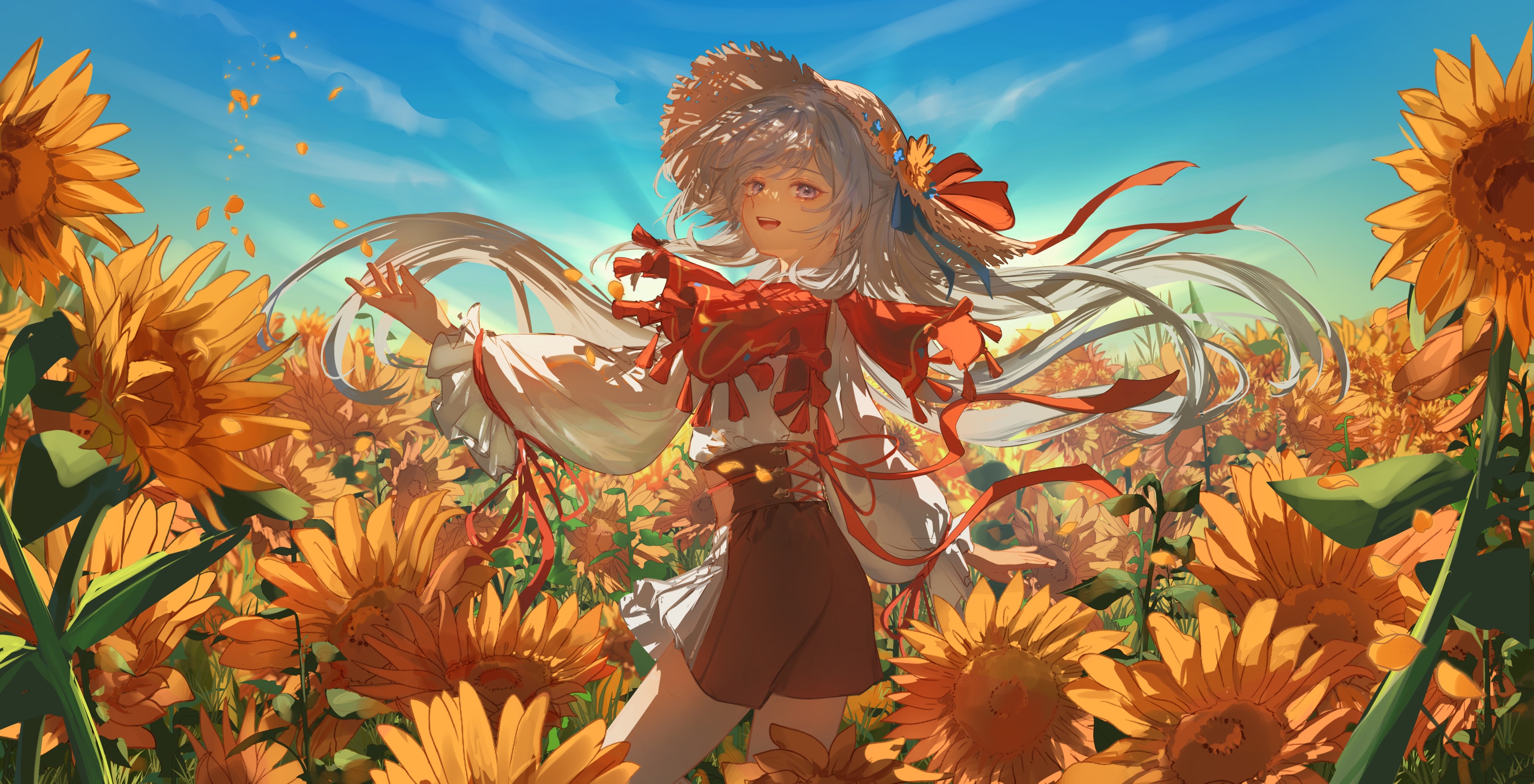 Anime Anime Girls Sunflowers Flowers Field Looking Back Straw Hat Clouds Sky Looking At Viewer Petal 3500x1790