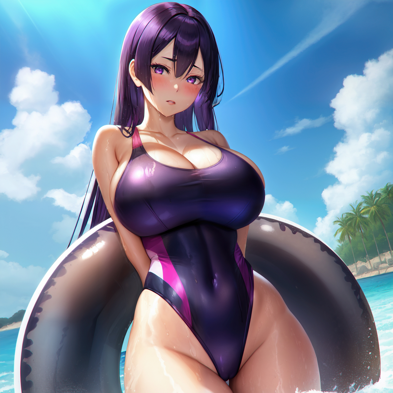 Anime Anime Girls Stable Diffusion Ai Art Artwork Digital Art Blushing Purple Hair Purple Eyes Wet S 1280x1280
