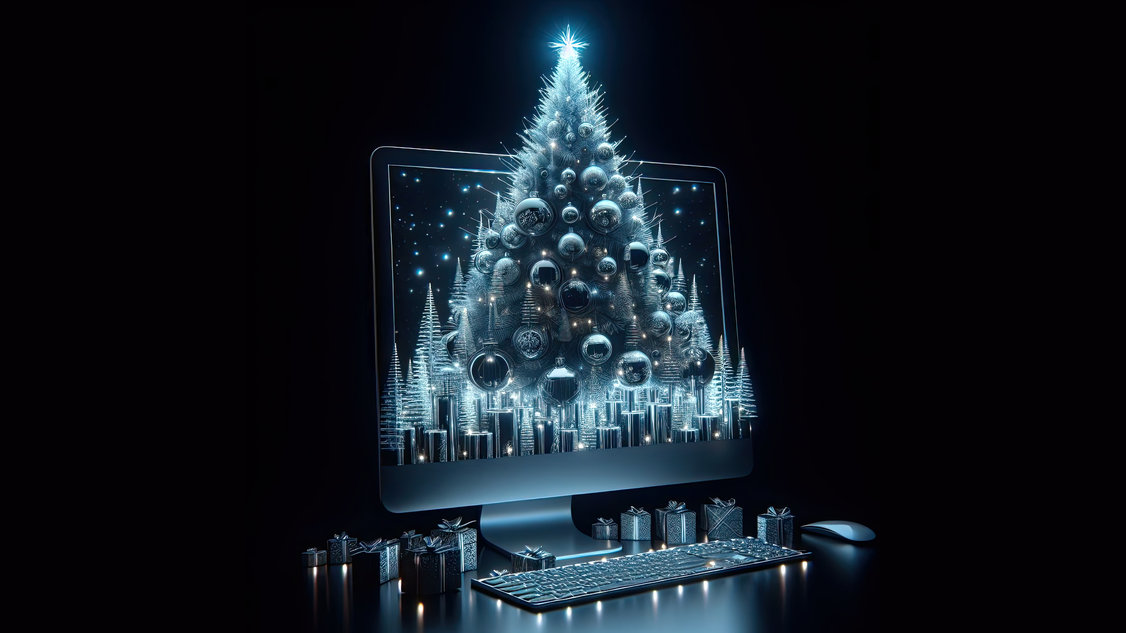 Christmas Ball Silver Blue Laptop Holiday Computer Pine Trees Simple Background Black 3840x2160