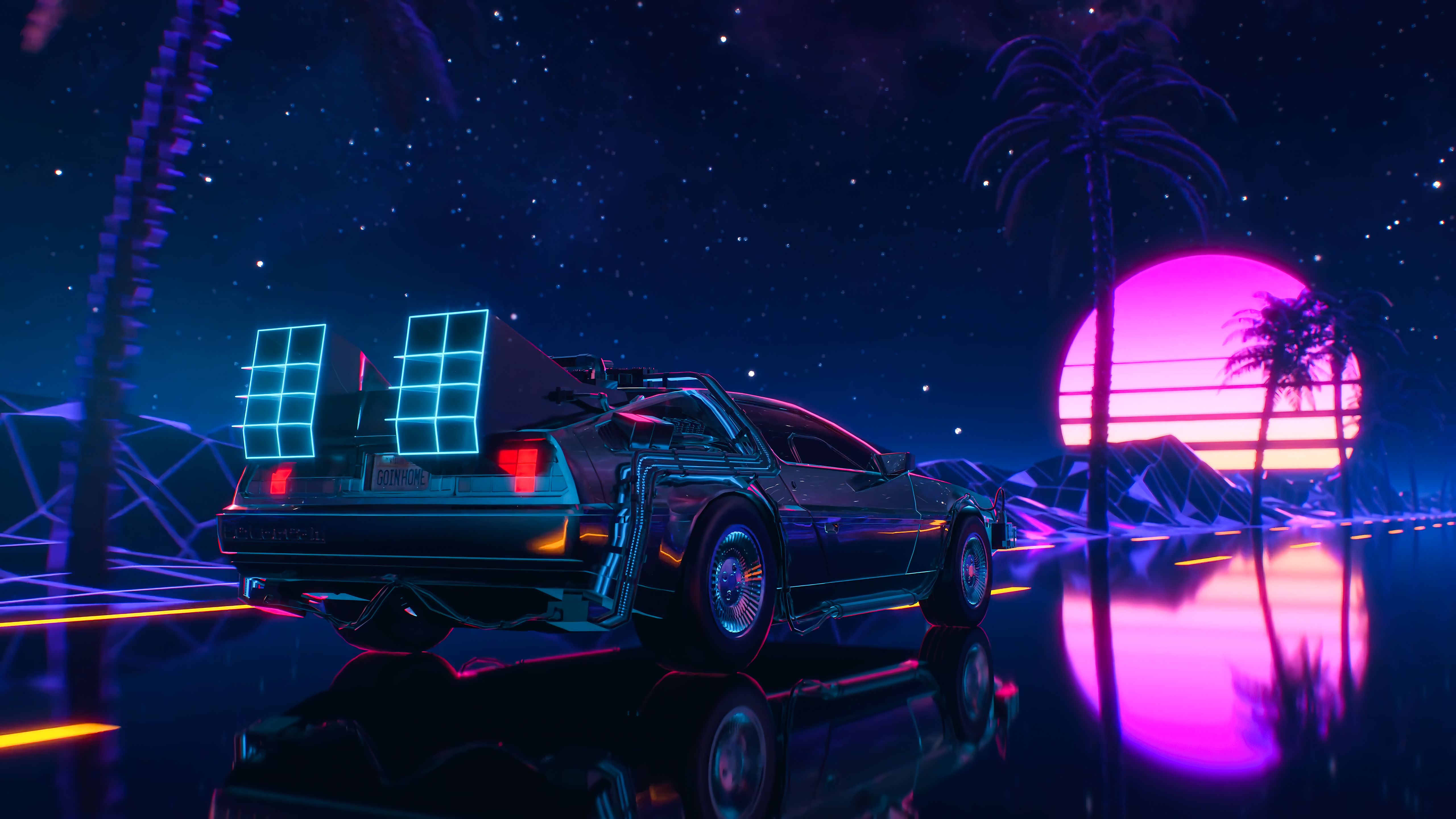 DeLorean Back To The Future Ambient Retrowave Synthwave Digital Art Palm Trees Stars Reflection Tail 5120x2880