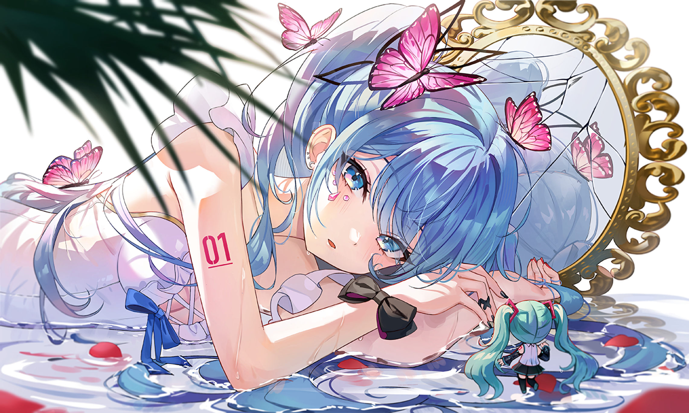 Anime Anime Girls Hatsune Miku Vocaloid Butterfly Twintails Lying On Side Water Blue Hair Blue Eyes  2282x1367
