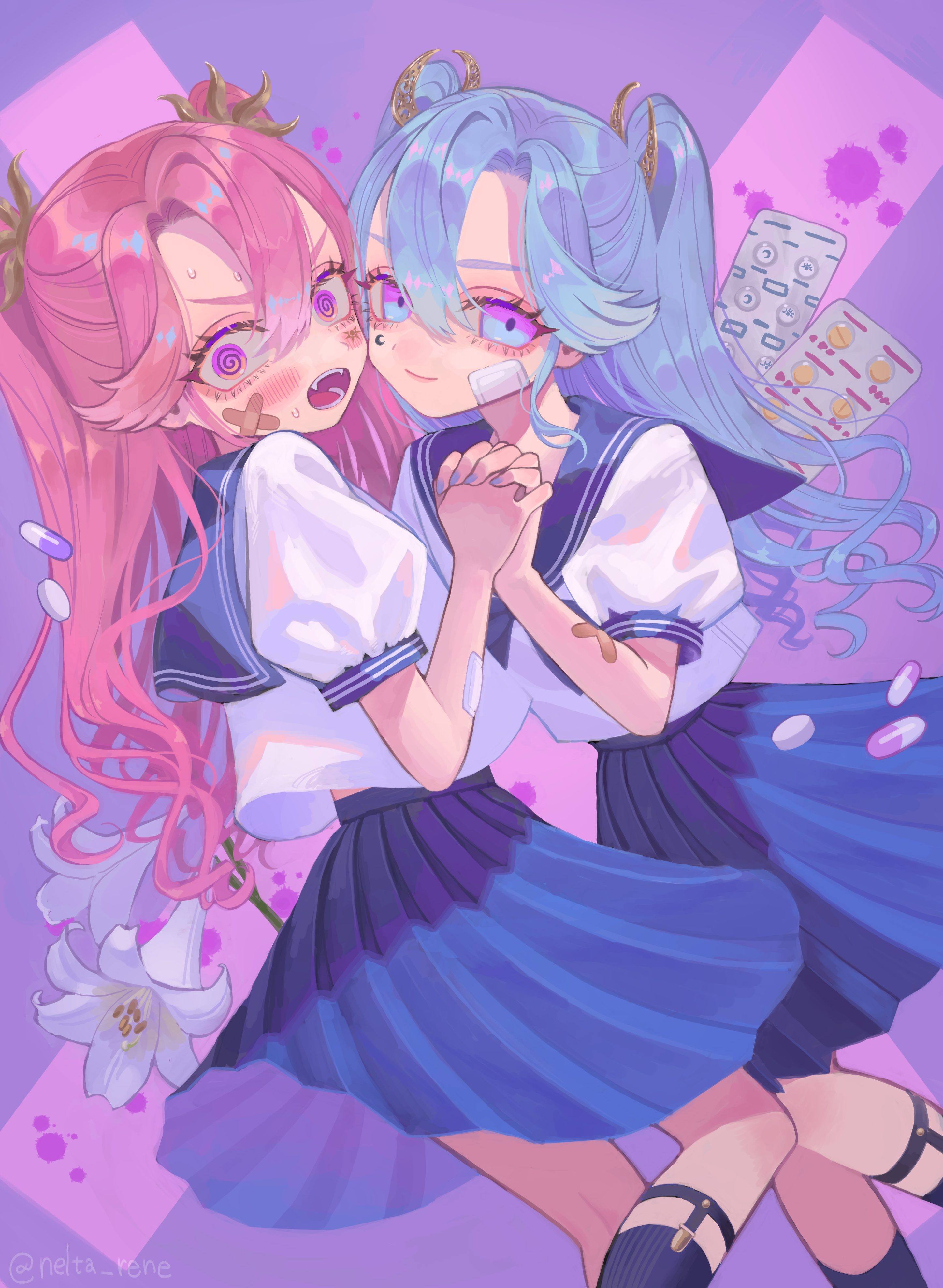 Anime Anime Girls Virtual Youtuber Akatsuki Mikado Akatsuki Oboro Pink Hair Blue Hair Twintails Twin 2894x3953