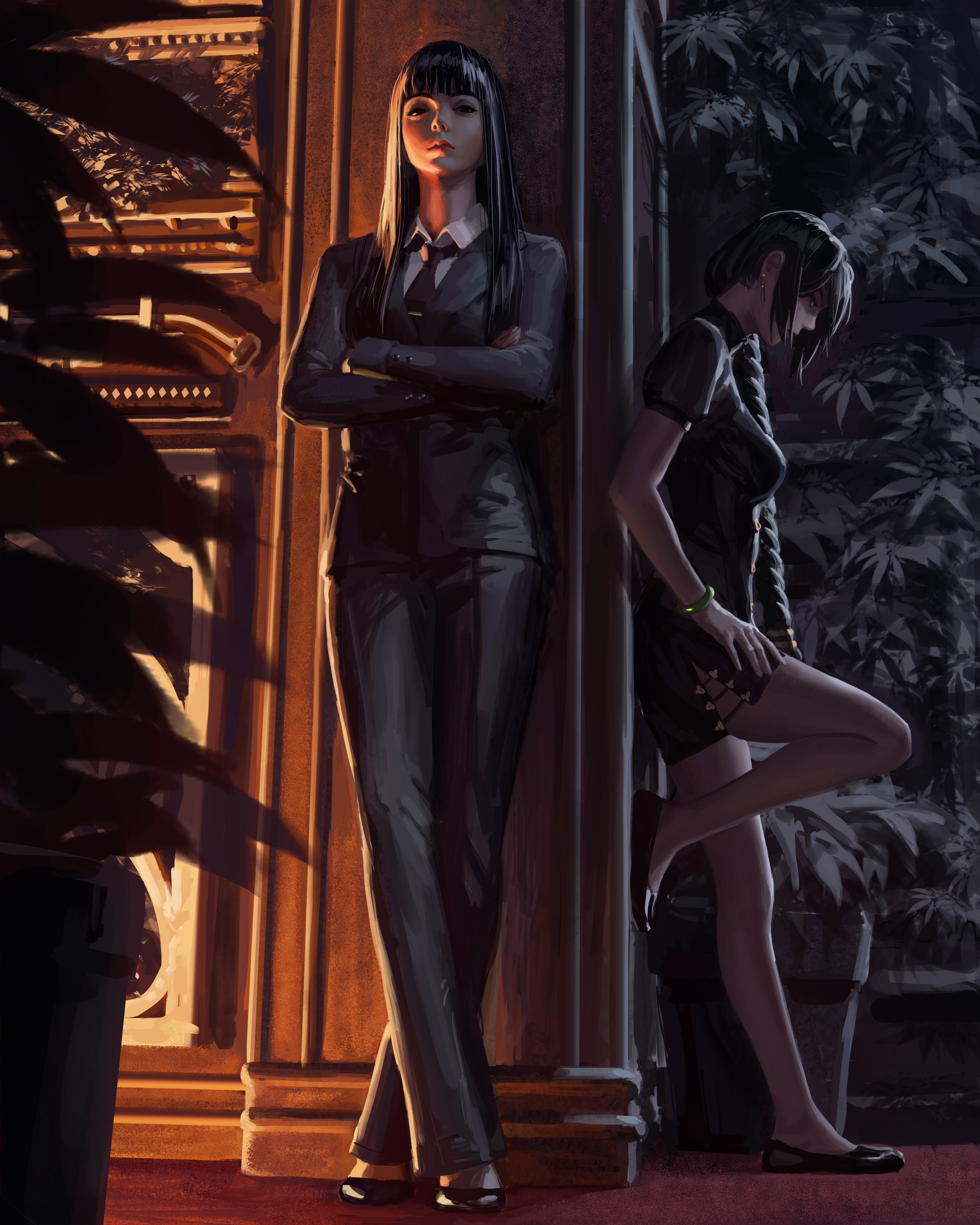 Women Suits Cheongsam Black Hair Black Clothing Legs Crossed Original Characters GUWEiZ Concept Art  5000x6250