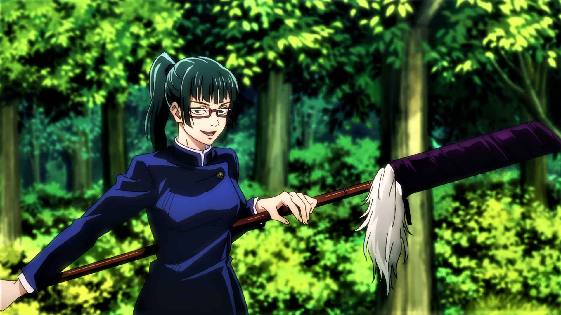 Jujutsu Kaisen Maki Zenin Staff Ponytail Green Hair Glasses Trees Nature Smiling Anime Anime Screens 1920x1080