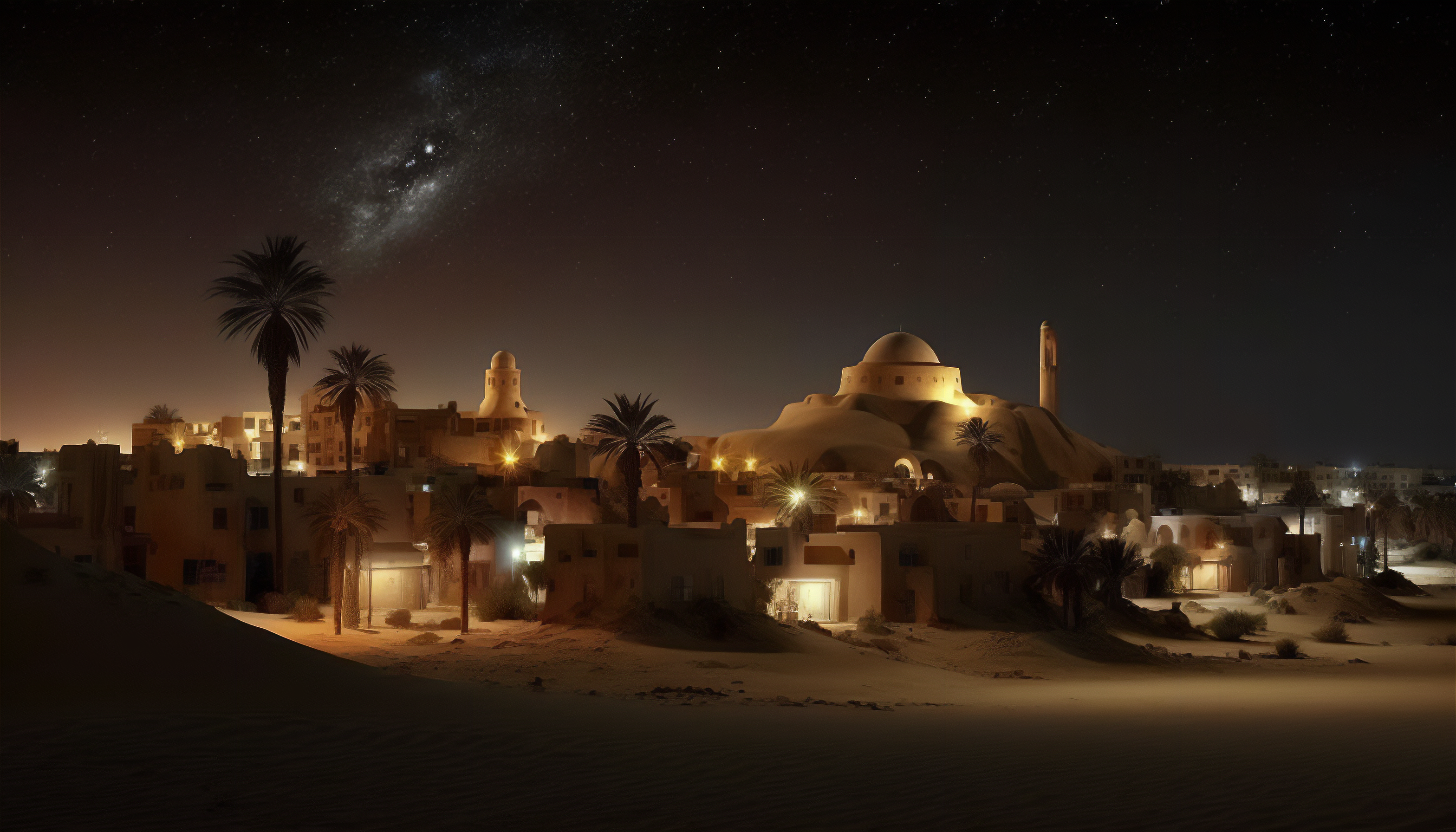 Ai Art Tatooine Desert City Stars Night Starry Night 3136x1792