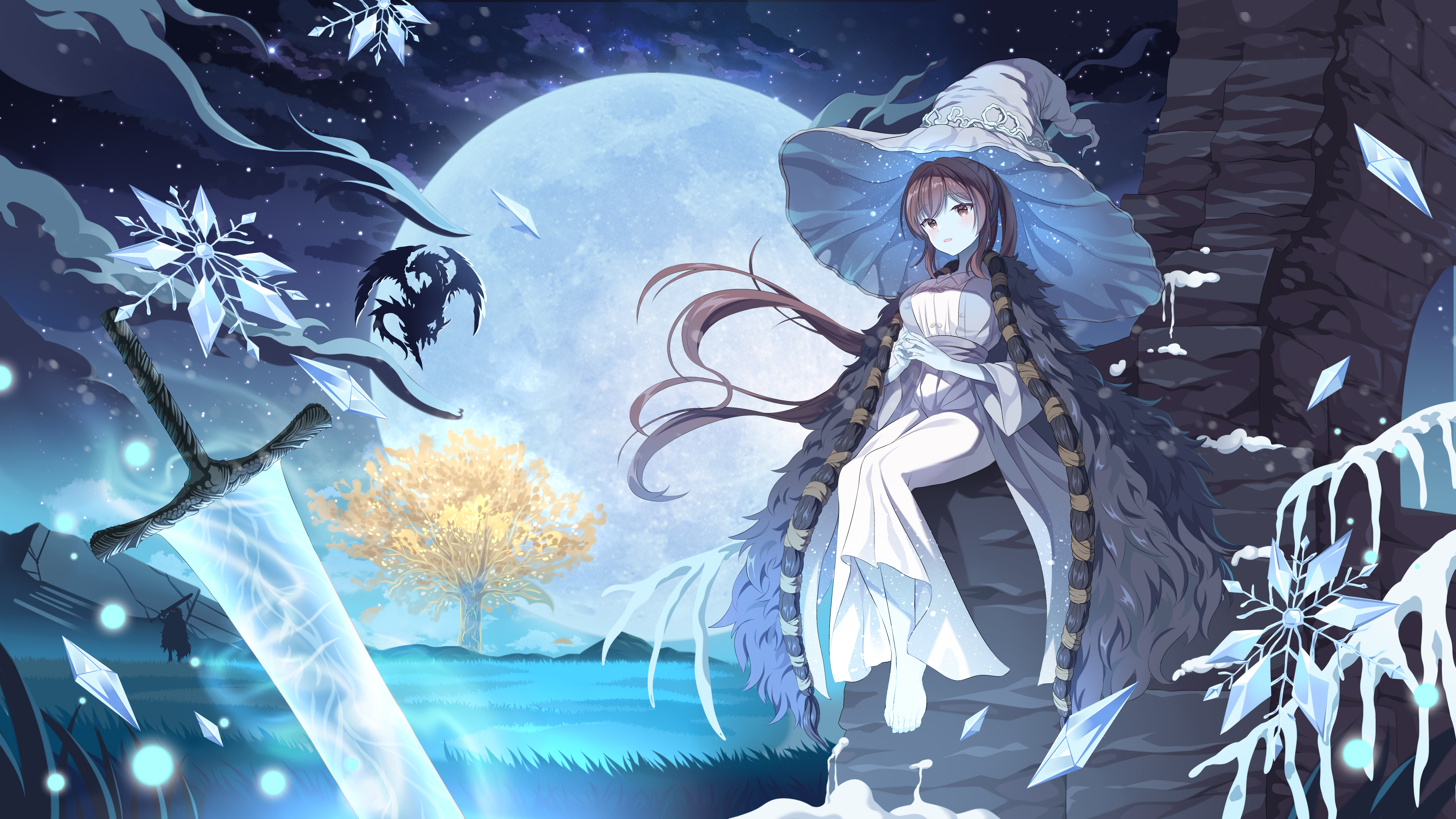 Anime Anime Girls Elden Ring Witch Hat Sword Moon Night Sky Looking At Viewer Brunette Brown Eyes Bl 4800x2700