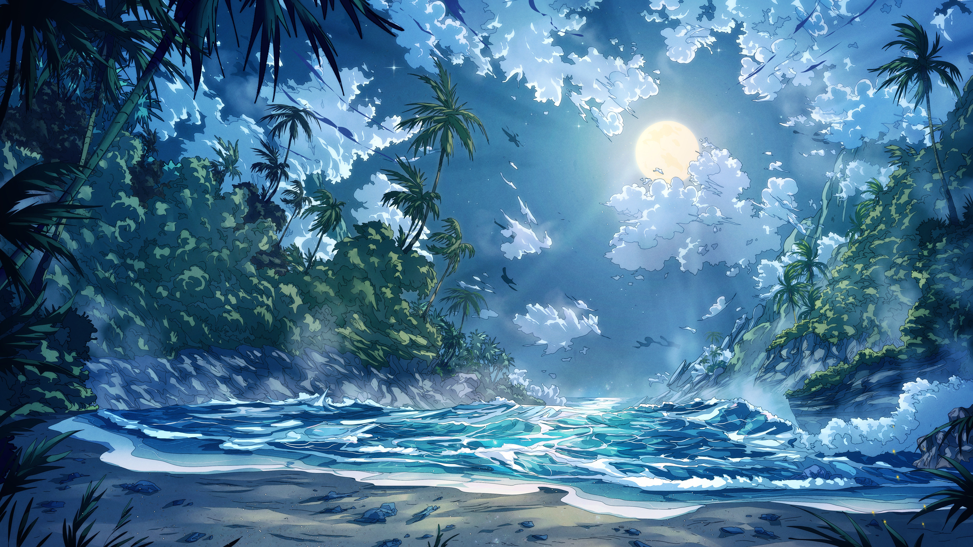 Christian Benavides Digital Art Fantasy Art Beach Moonlight Landscape Palm Trees Trees Clouds Artwor 3840x2160