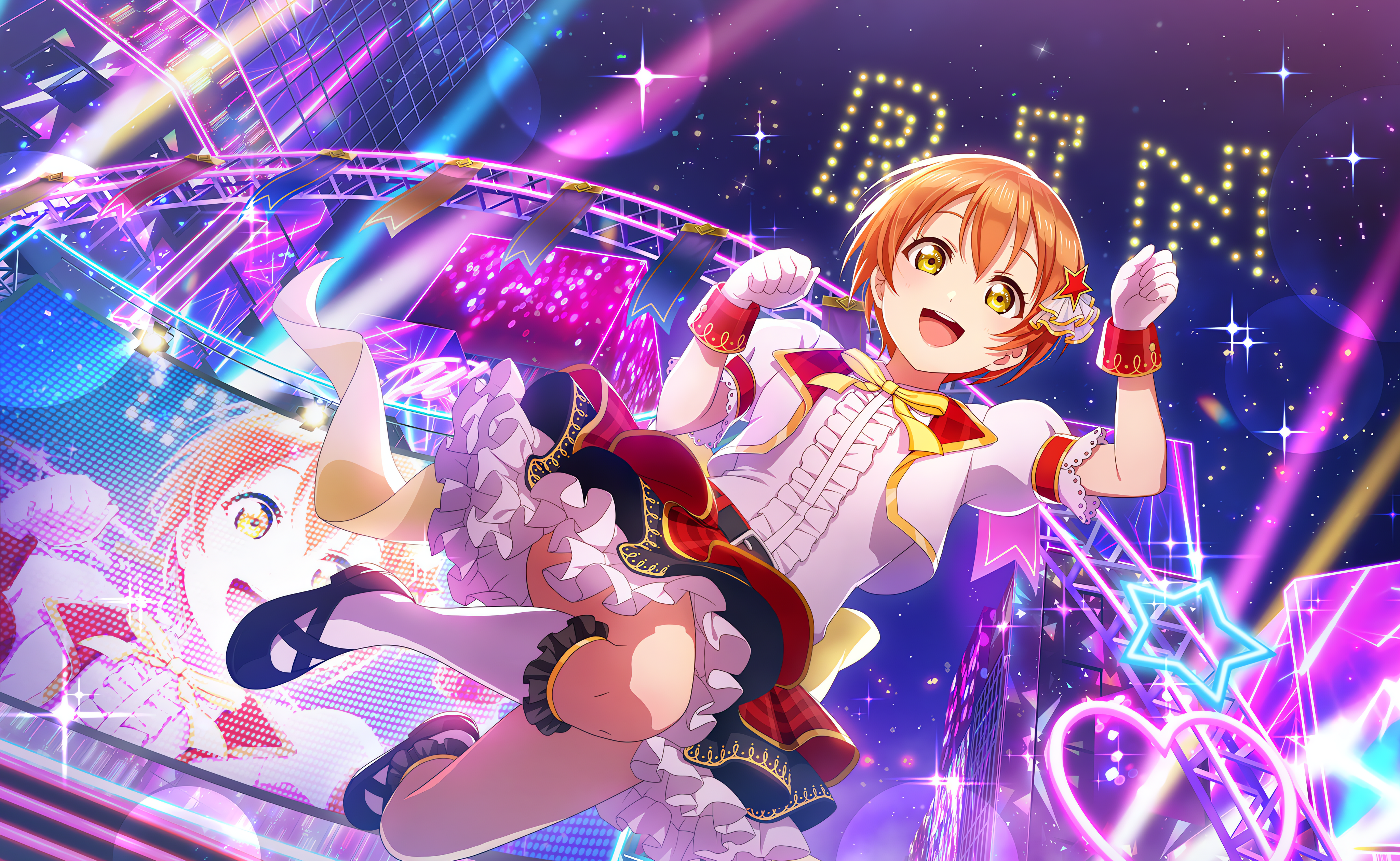 Hoshizora Rin Love Live Anime Anime Girls Bow Tie Open Mouth Gloves Uniform Looking At Viewer Stars  4096x2520