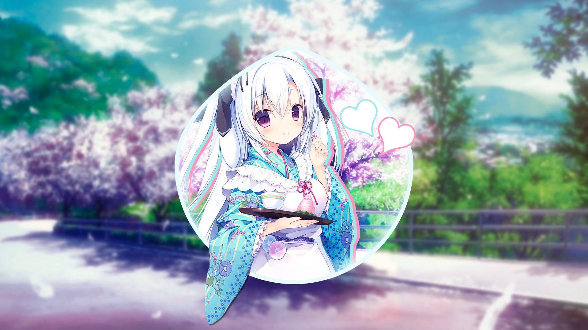 Anime Girls White Hair Visual Novel Yukata Picture In Picture Bunny Ears Apron Heart Petals 1920x1080