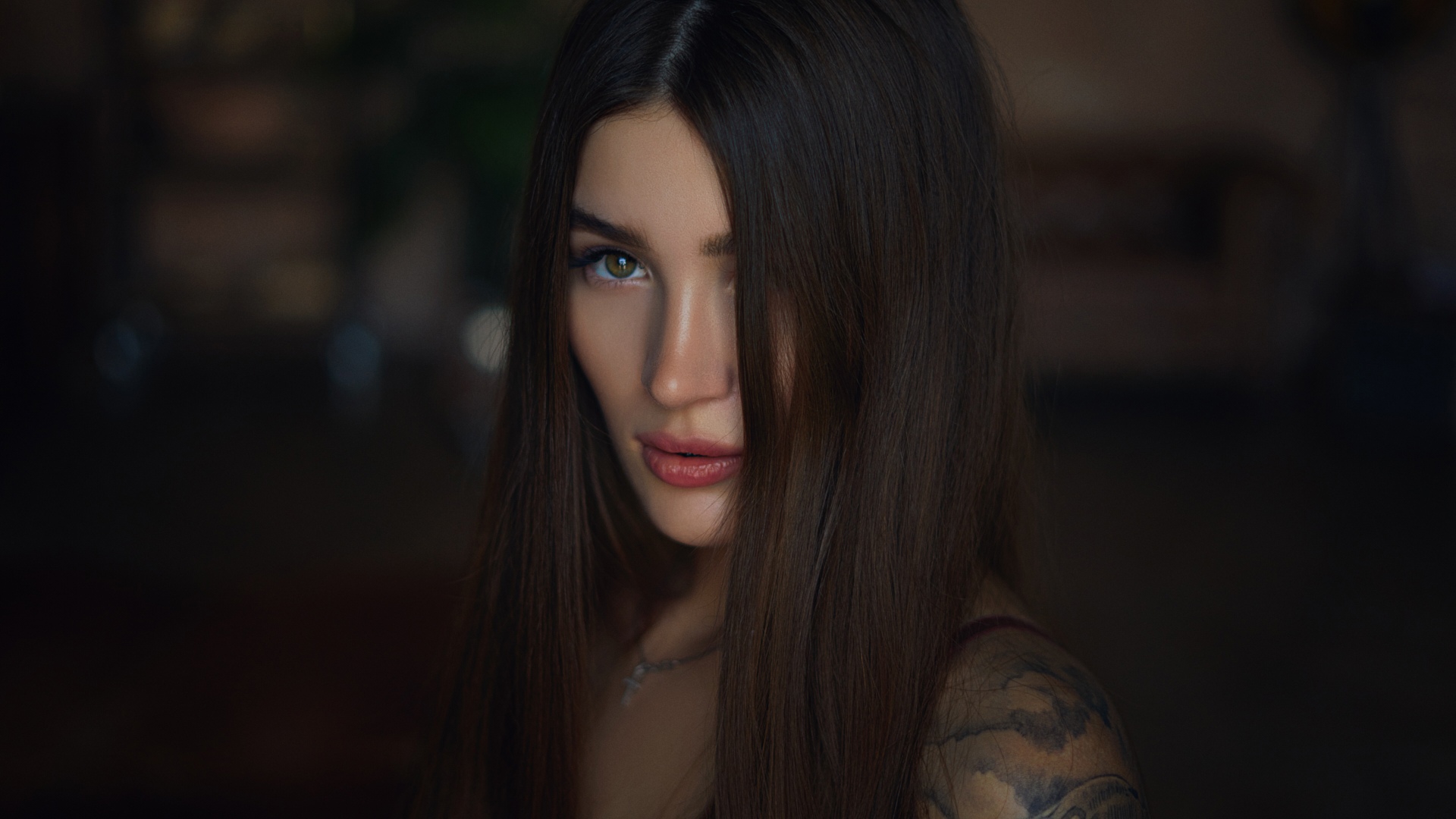 Sergey Zhirnov Women Brunette Straight Hair Tattoo Brown Eyes Necklace Depth Of Field Portrait 1920x1080