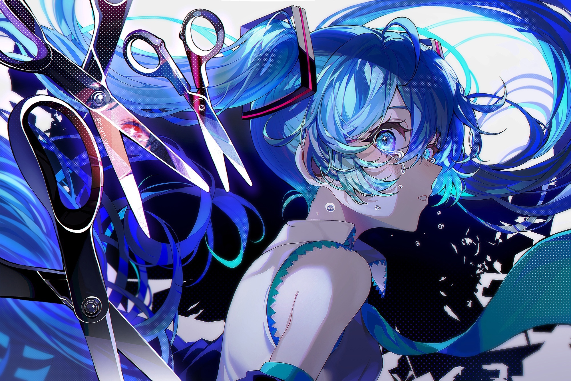 Hatsune Miku Scissors Tears Looking Back Looking At Viewer Ponytail Anime Girls Vocaloid Twintails B 2000x1334