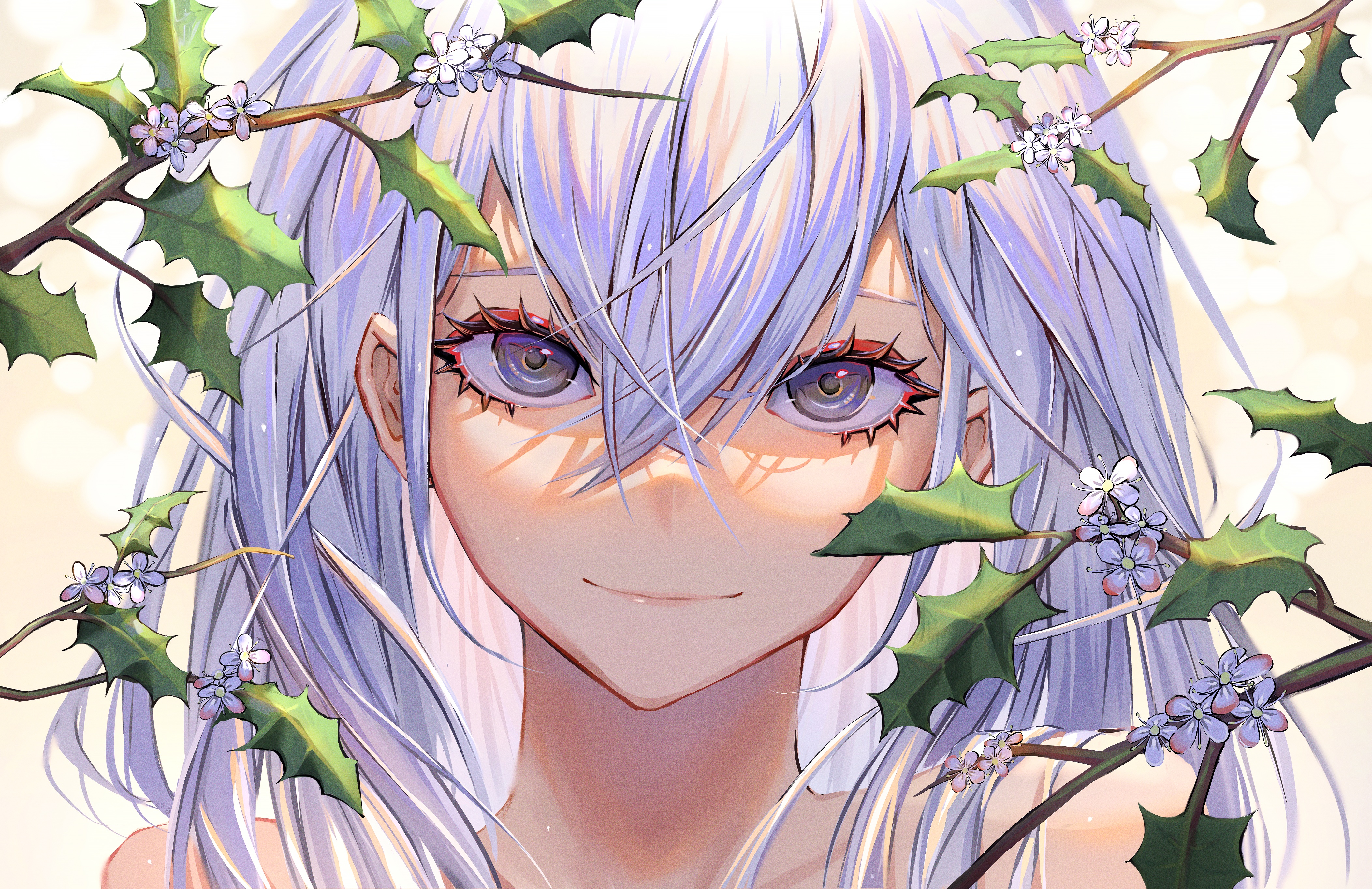 Gweni Original Characters Anime Girls Leaves Branch Looking At Viewer Smiling Long Hair Flowers 4210x2728