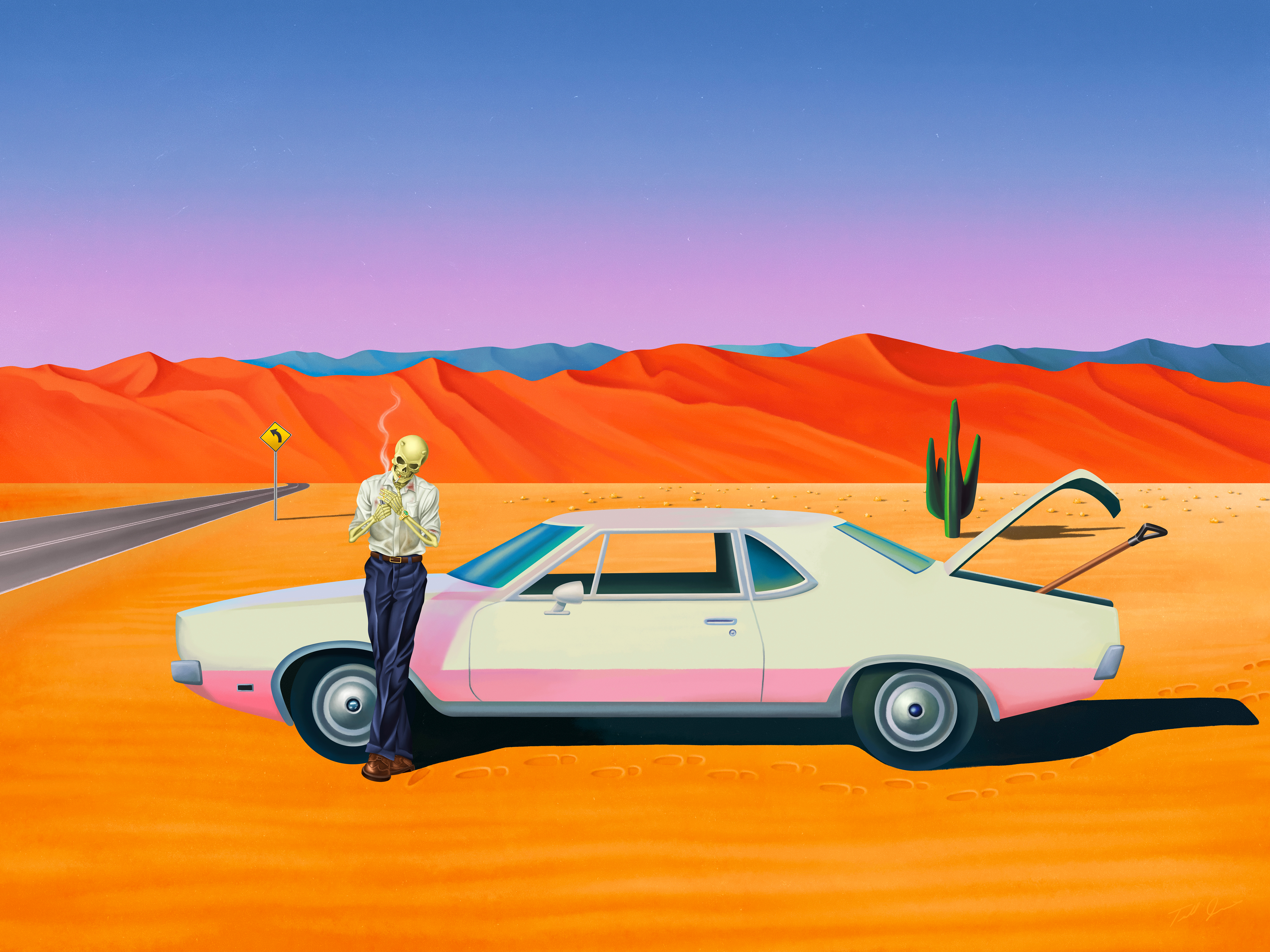 Digital Art Artwork Illustration Concept Art Desert Vehicle Skeleton Landscape Dunes Smoking Road Co 6000x4500