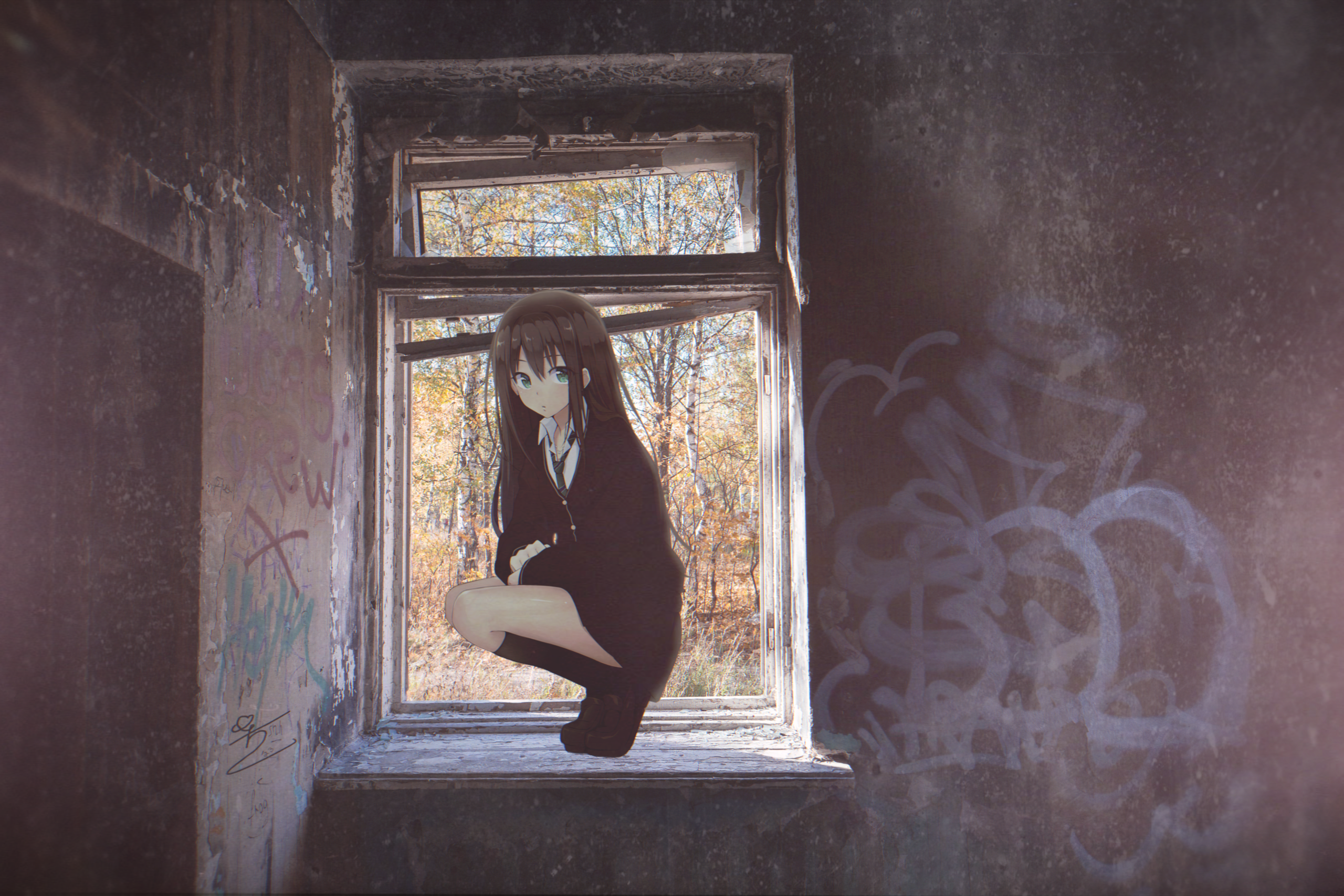 Animeirl Window Frames Abandoned Building Anime Girls Window Schoolgirl School Uniform 2560x1707