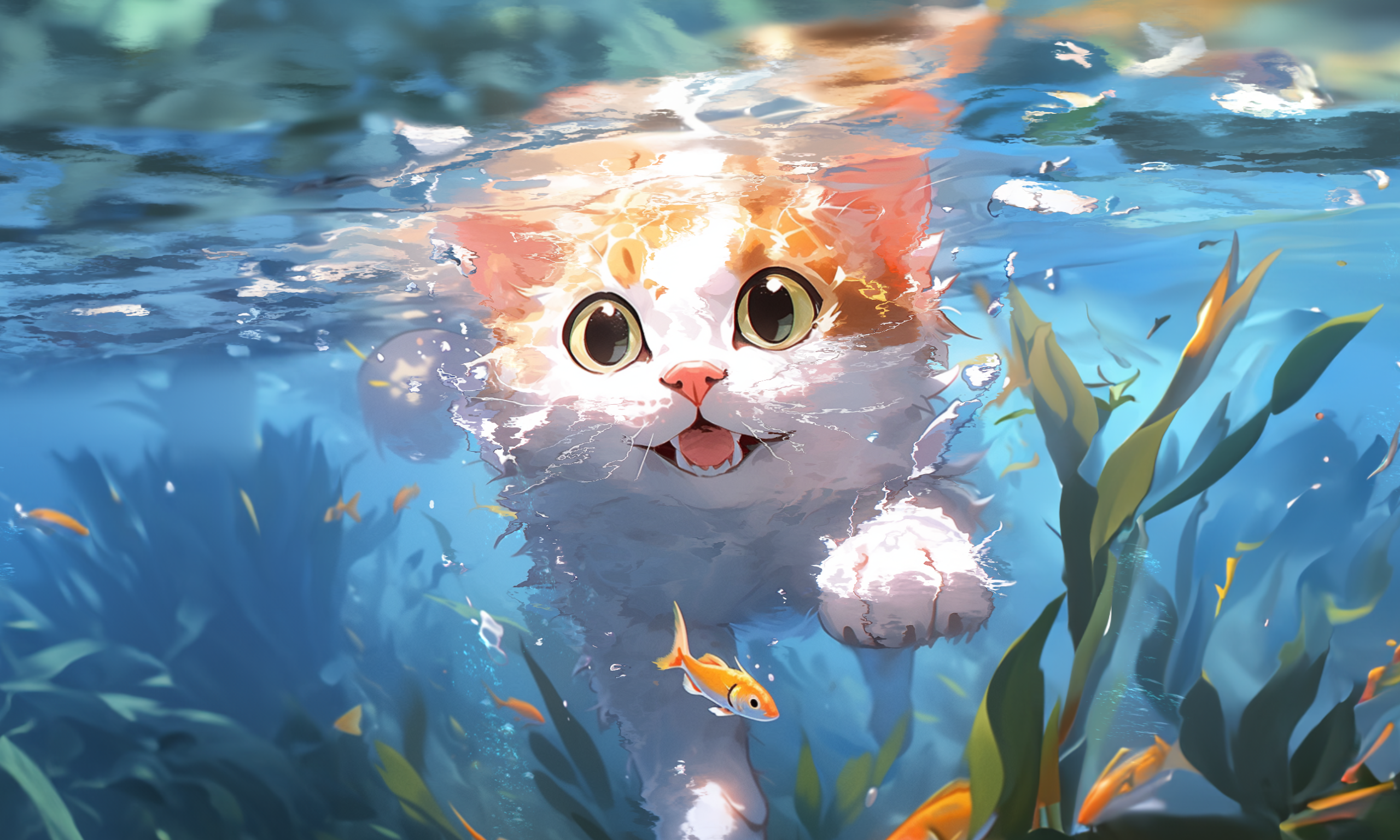 Cat Swimming Cats Water Underwater Animals Fish Algae Bubbles Open Mouth Looking At Viewer In Water 2560x1536