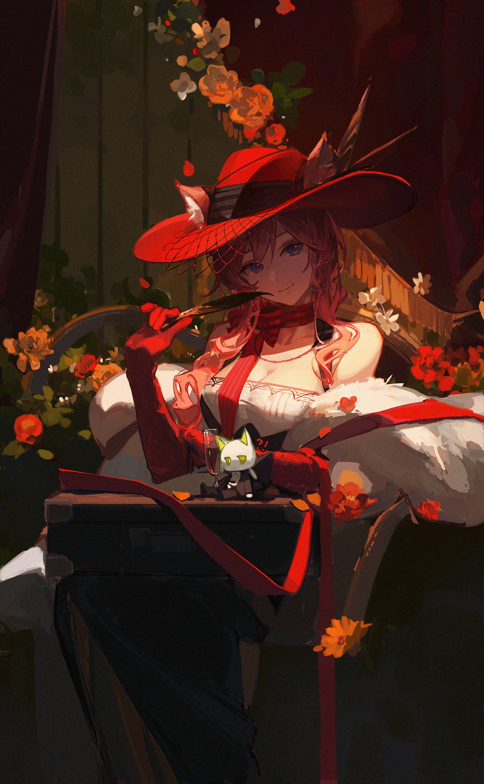 Anime Anime Girls Heidi Arknights Hat Arknights Portrait Display Looking At Viewer Feathers Sitting  1542x2495
