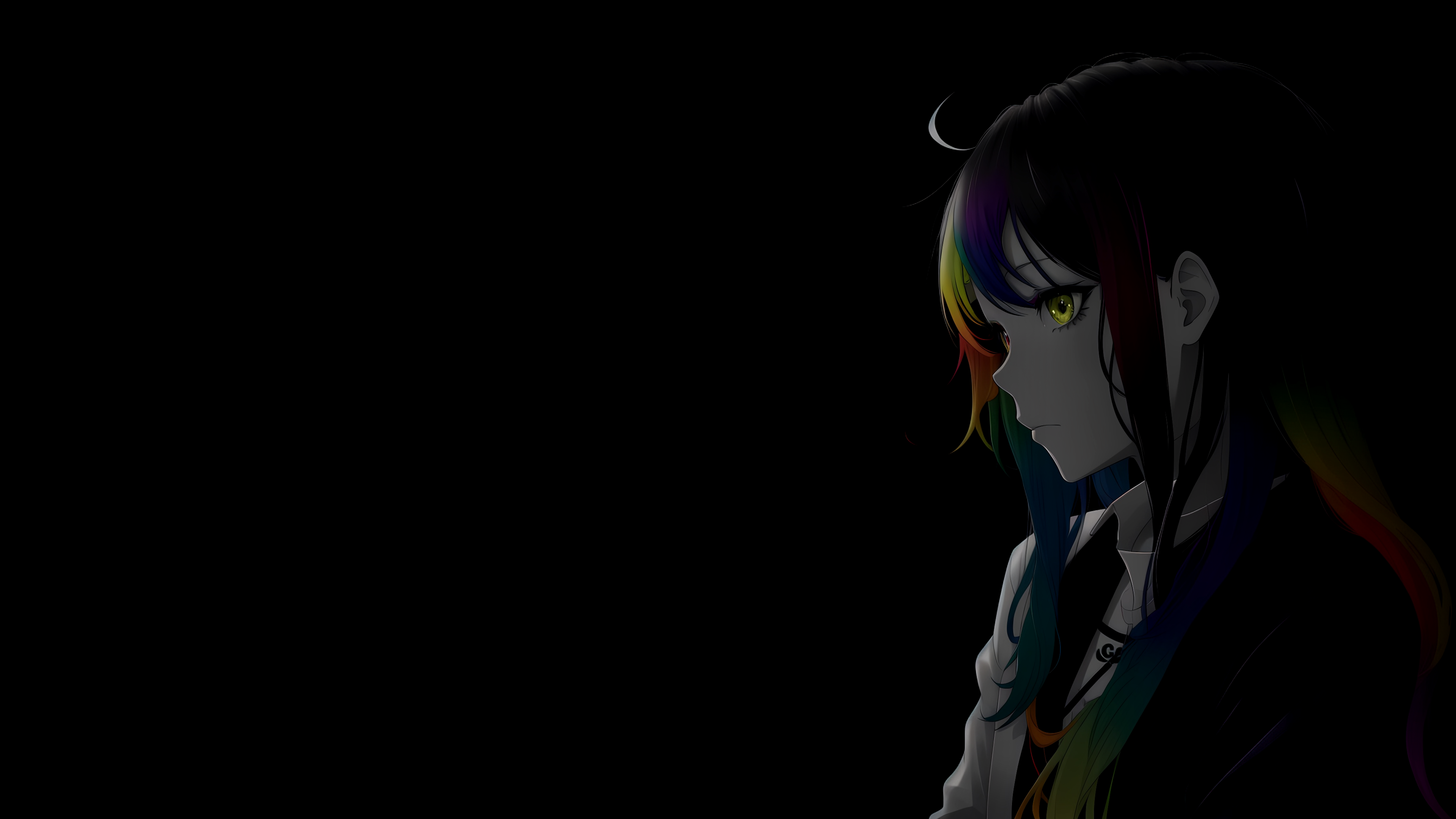 Ai Assisted Black Background Selective Coloring Anime Girls Multi Colored Hair Minimalism Heterochro 3840x2160