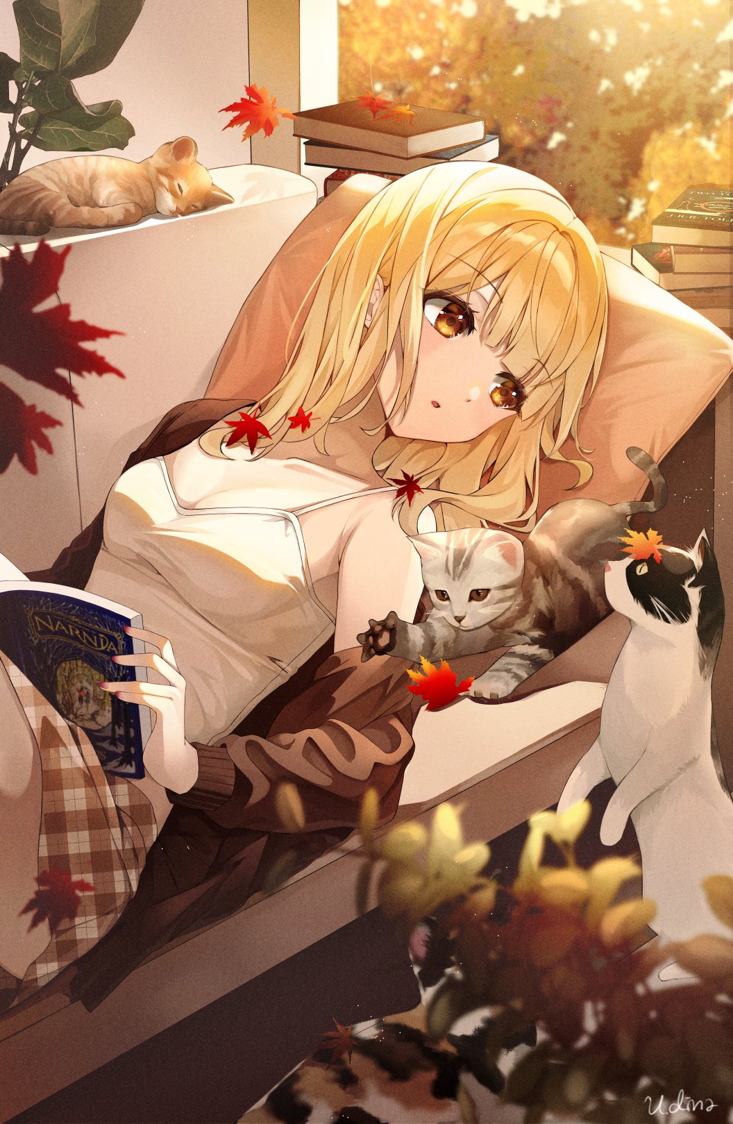 Anime Anime Girls Blonde Lying On Back Lying On Couch Looking Away Open Mouth White Tops Maple Leave 1056x1619