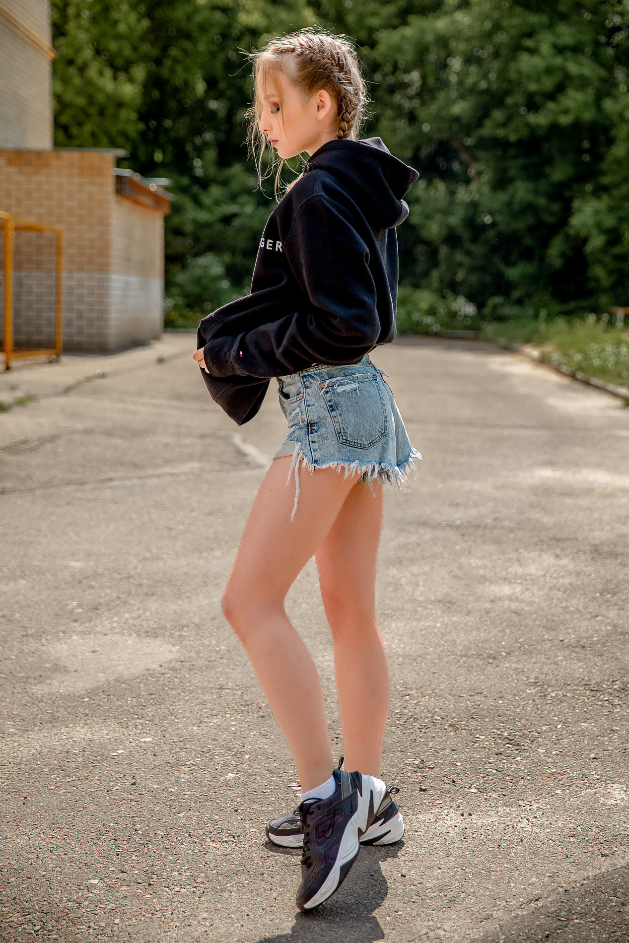 Dmitry Korneev Women Blonde Braids Hoods Shorts Jeans Denim Sneakers Outdoors Sportswear Sweatshirts 1267x1900