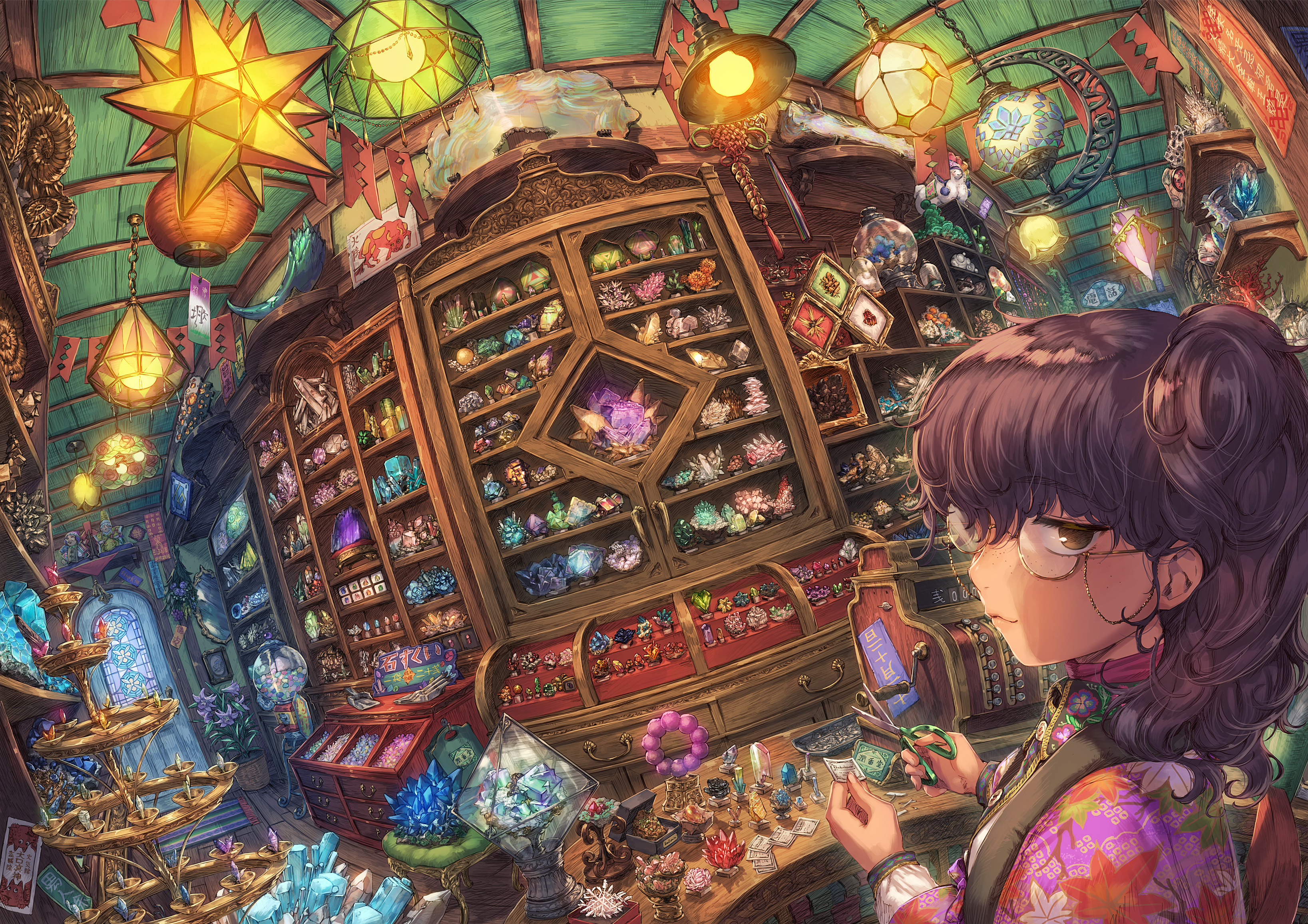 Anime Girls Glasses Looking At Viewer Stores Scissors Lights Wide Angle 3273x2314