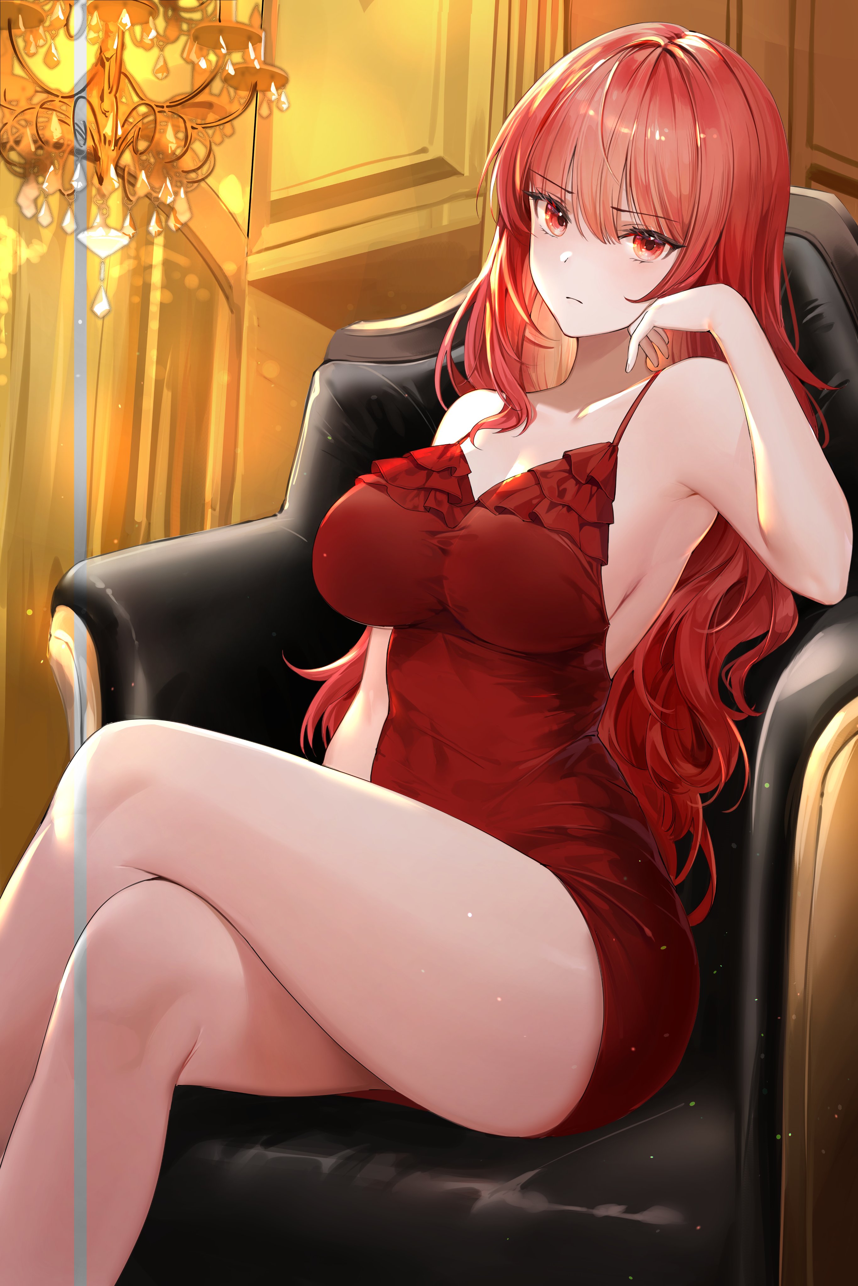 Anime Anime Girls Redhead Red Eyes Looking At Viewer Red Dress Dress Sitting Legs Crossed Artwork Li 2731x4096
