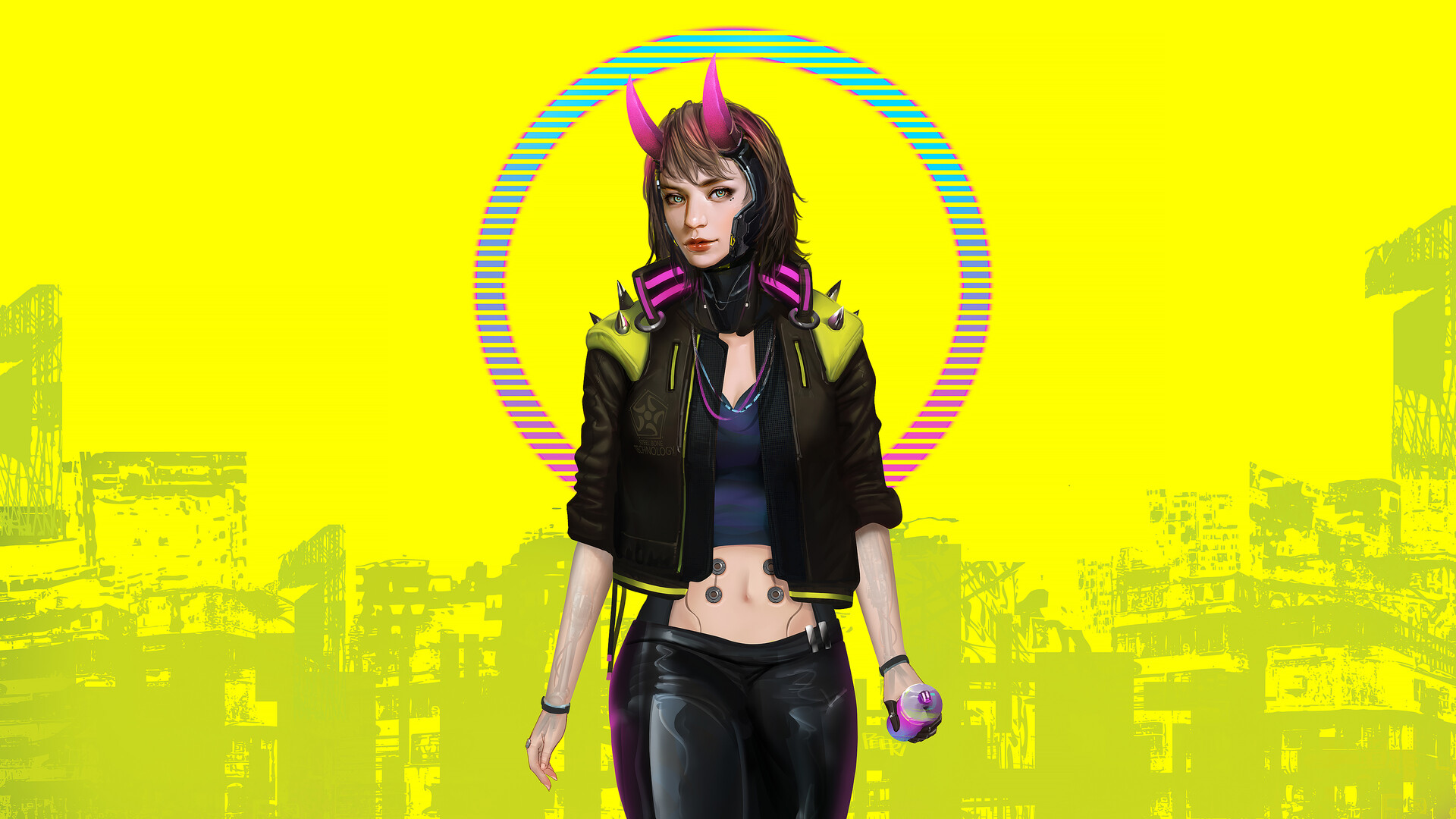 Peter Xiao Women Digital Art Digital Artwork Drawing Yellow Background Cyberpunk 2077 Fan Art Horns  1920x1080