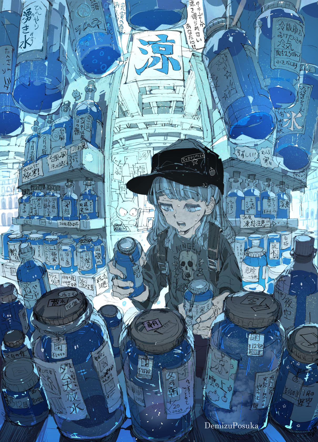 Anime Anime Girls Portrait Display Hat Bottles Long Hair Sweat Signature Japanese Digital Art Blue H 1209x1679