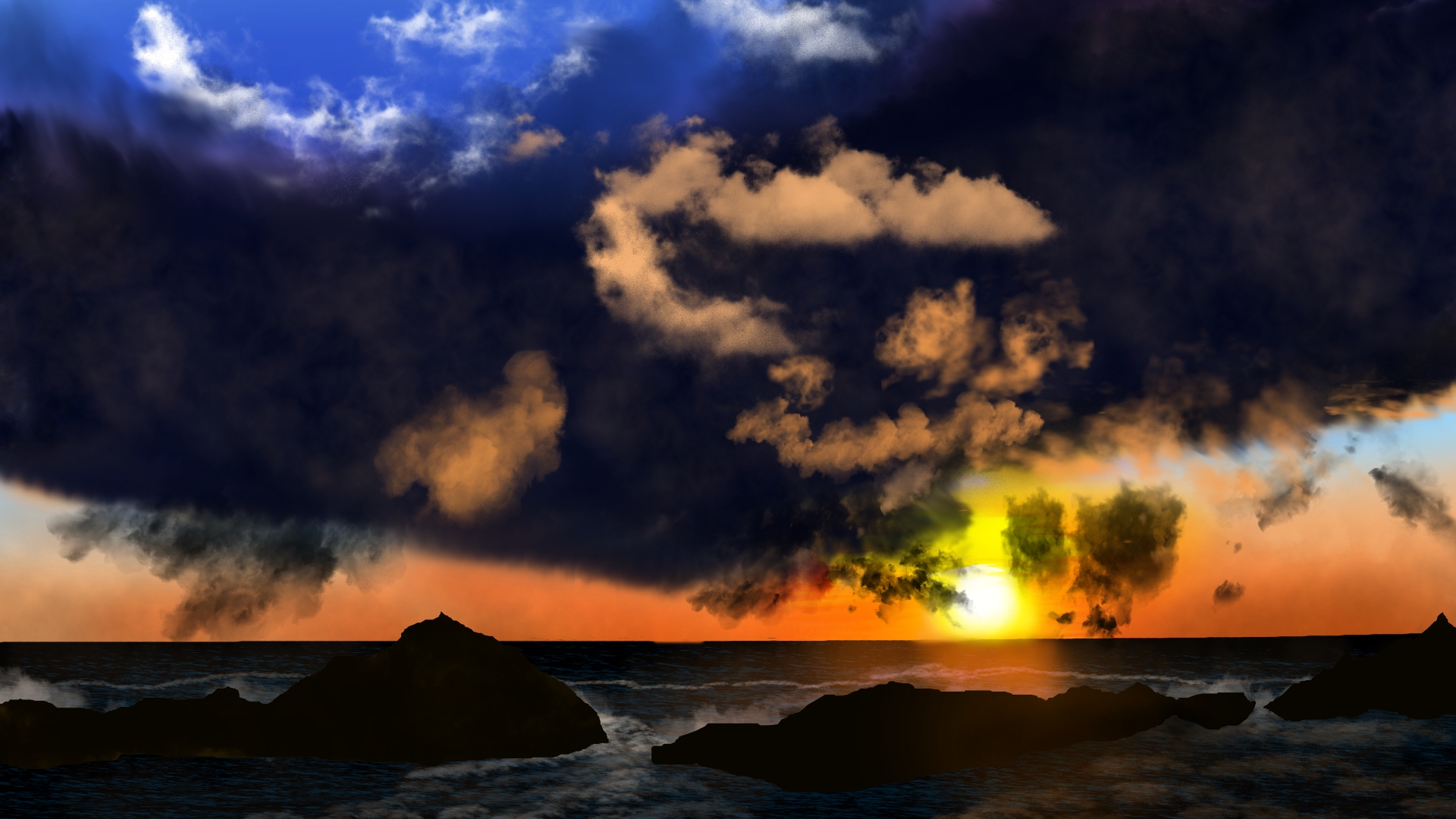 Digital Painting Digital Art Nature Seashore Dusk Waves Water Clouds Sky 1920x1080