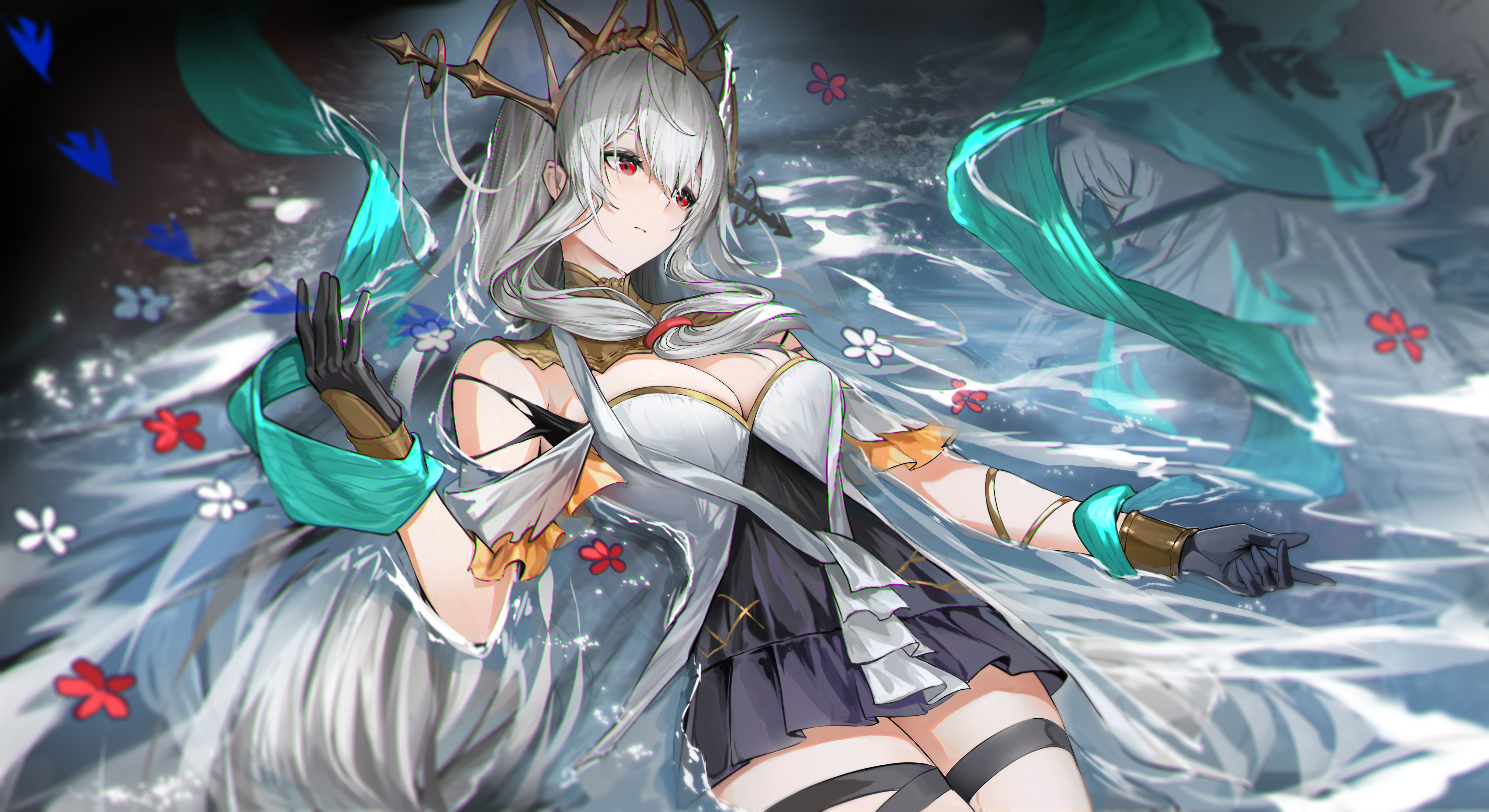 Anime Anime Girls Silver Hair Red Eyes Water Lying Down Arknights Skadi The Corrupting Heart Arknigh 5500x3000