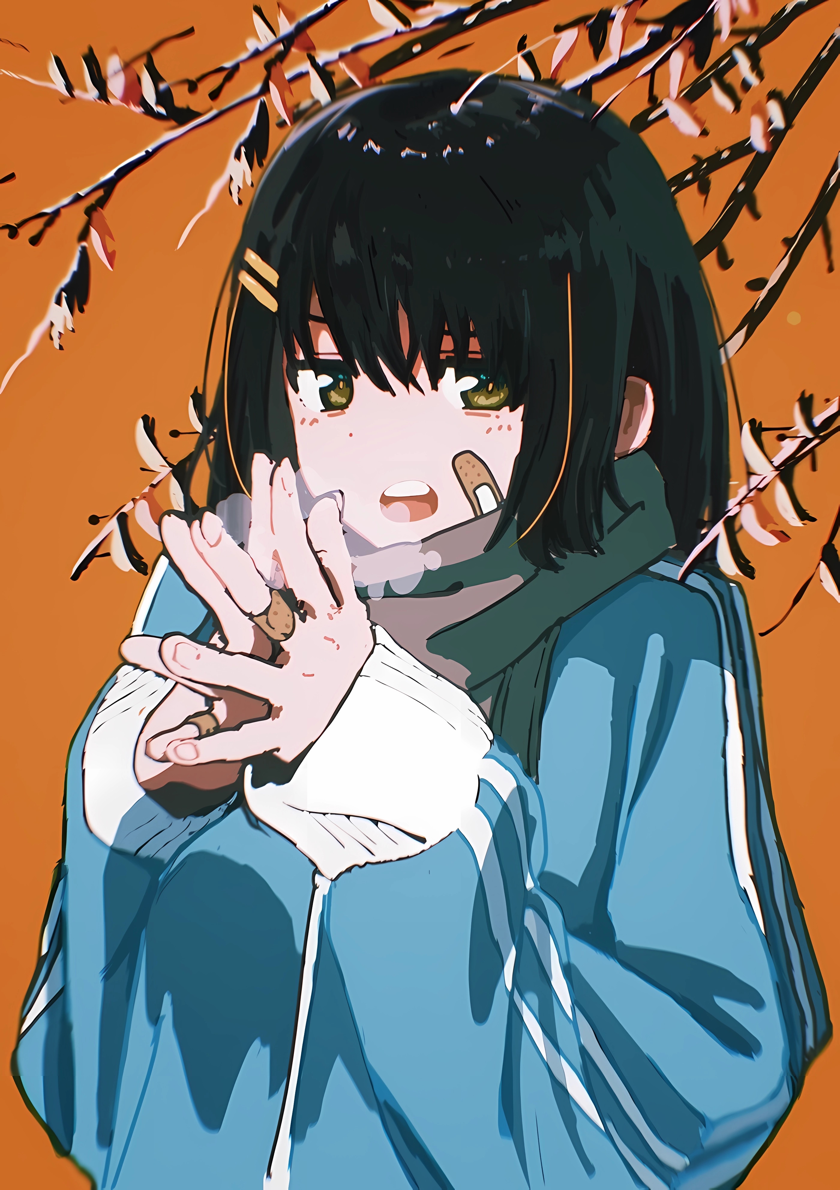 Anime Komugiko2000 Anime Girls Portrait Display Band Aid Short Hair Branch Looking At Viewer Orange  2800x3964