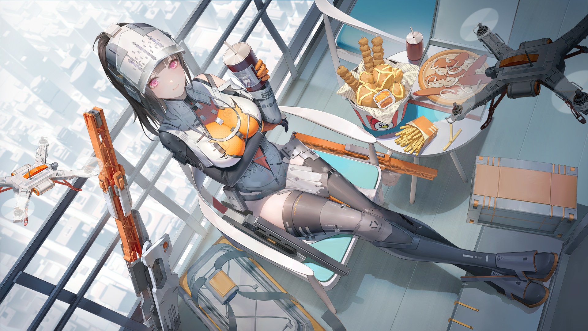 Anime Anime Girls Gun Smiling Looking At Viewer Drink Food Fries Chicken Wings Technology Sitting Lo 1920x1080