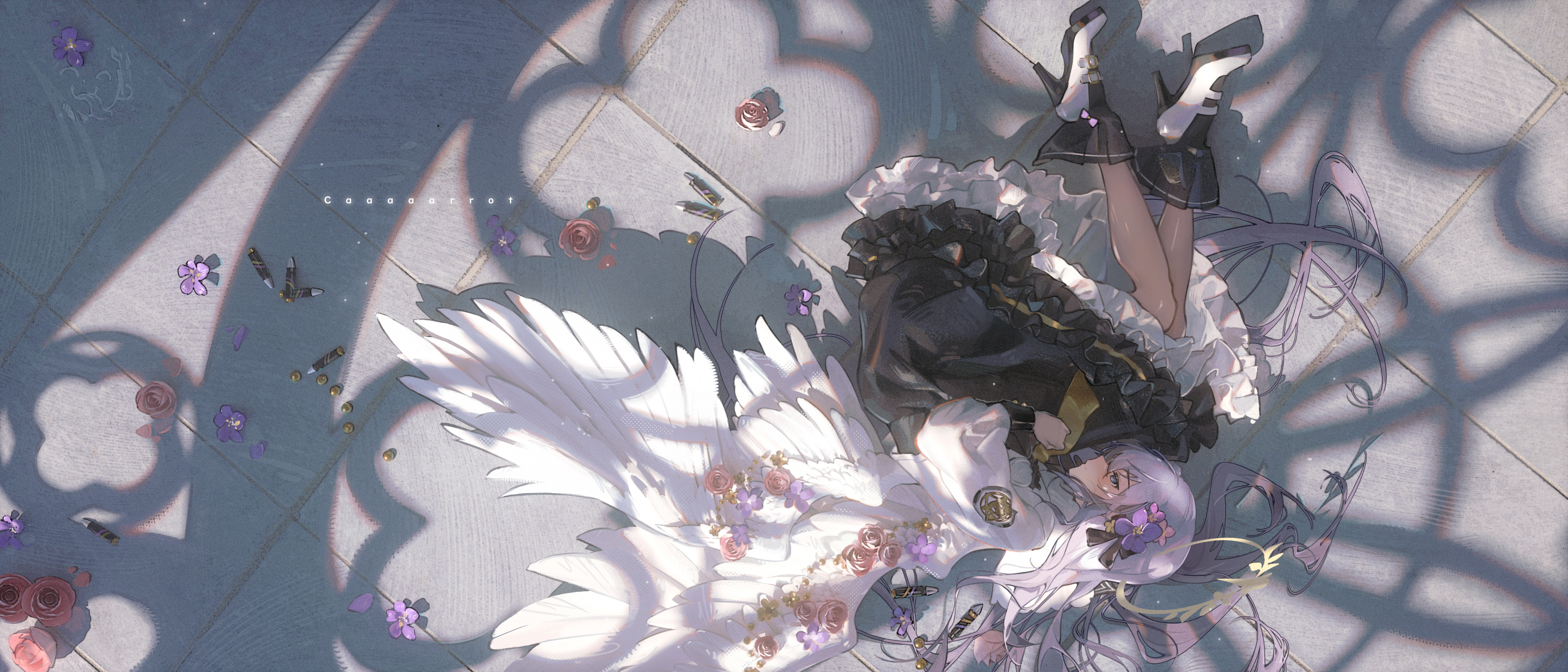 Caaaaarrot Anime Girls Wings Lying On Side Flowers Heels Angel Wings Petals Dress 4000x1714