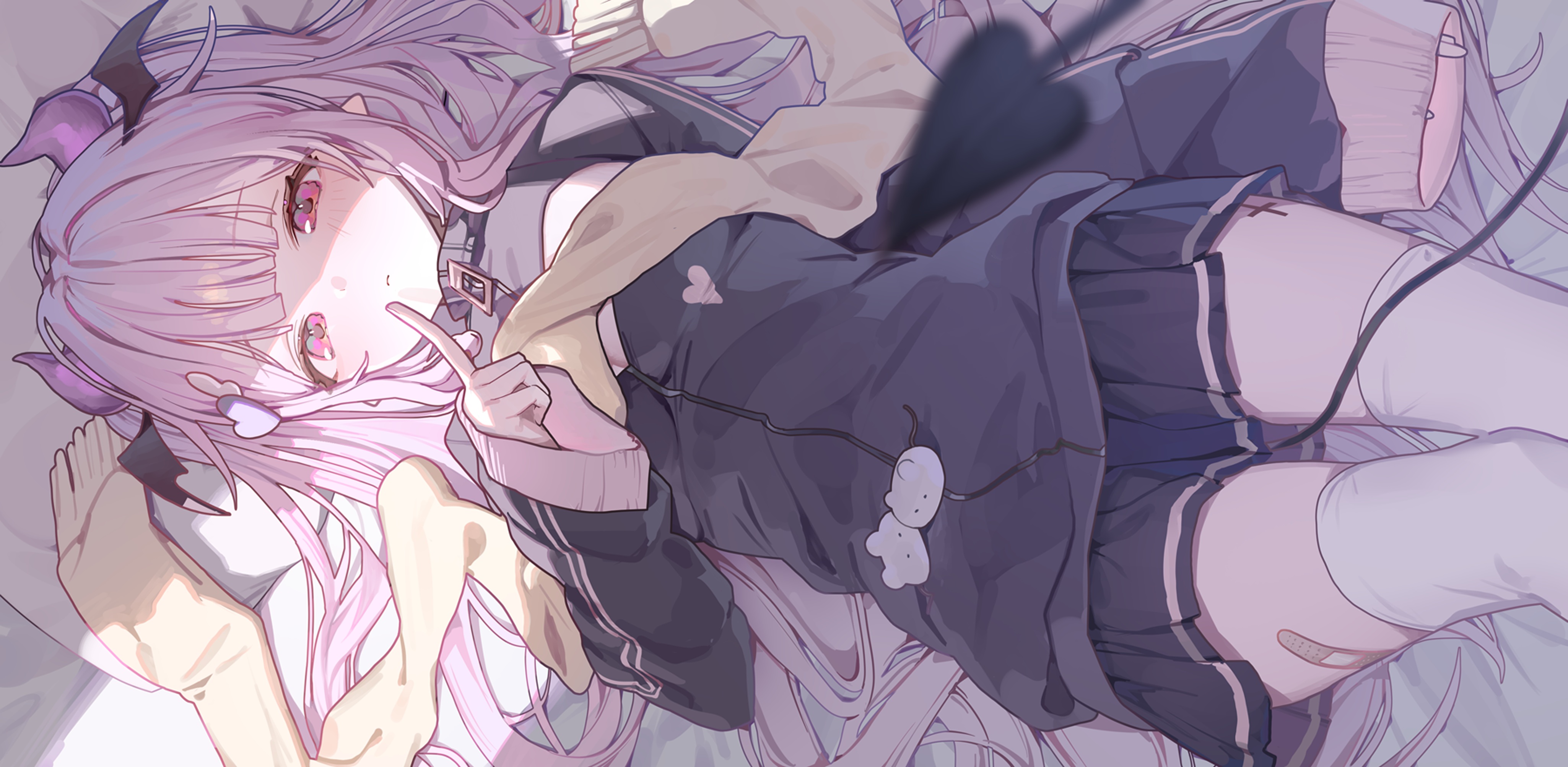 Anime Anime Girls Lying Down Lying On Back Band Aid Purple Hair Purple Eyes Demon Tail Horns Demon H 4100x2007