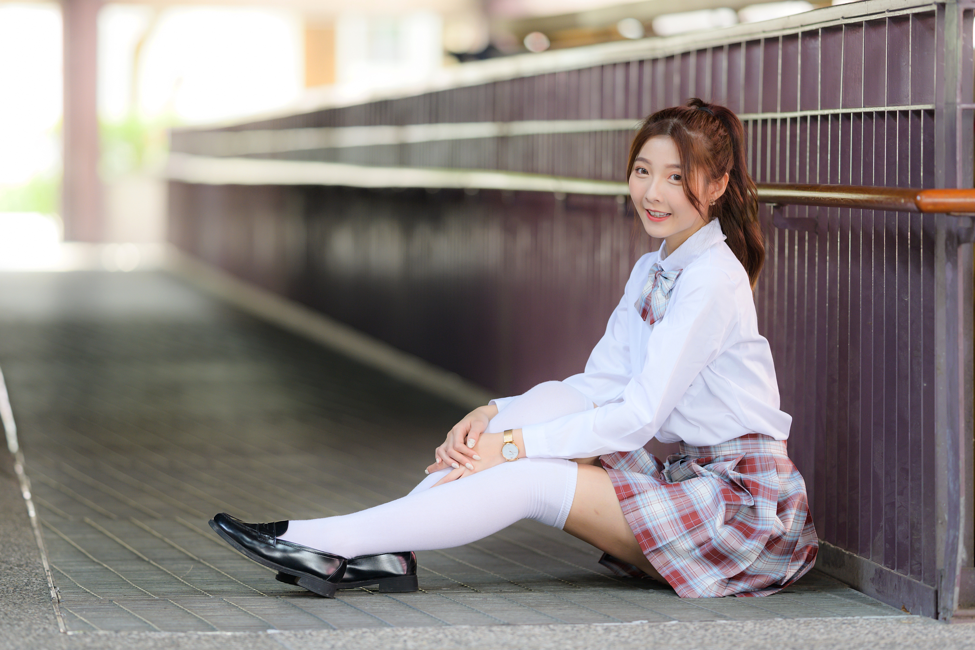 Asian Model Women Long Hair Dark Hair School Uniform Sitting Knee High Socks Twintails Ponytail 3280x2187