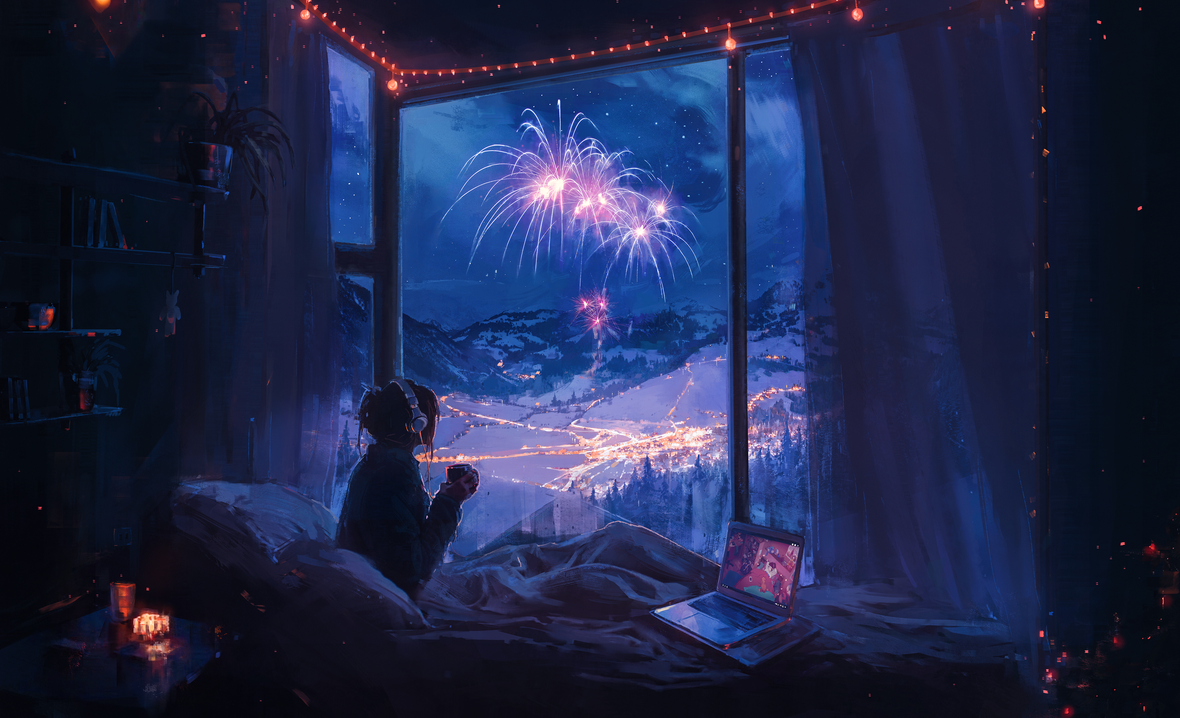 Aenami Digital Art Artwork Illustration Painting Room Indoors Women Window Fireworks Night Stars Mou 3840x2336