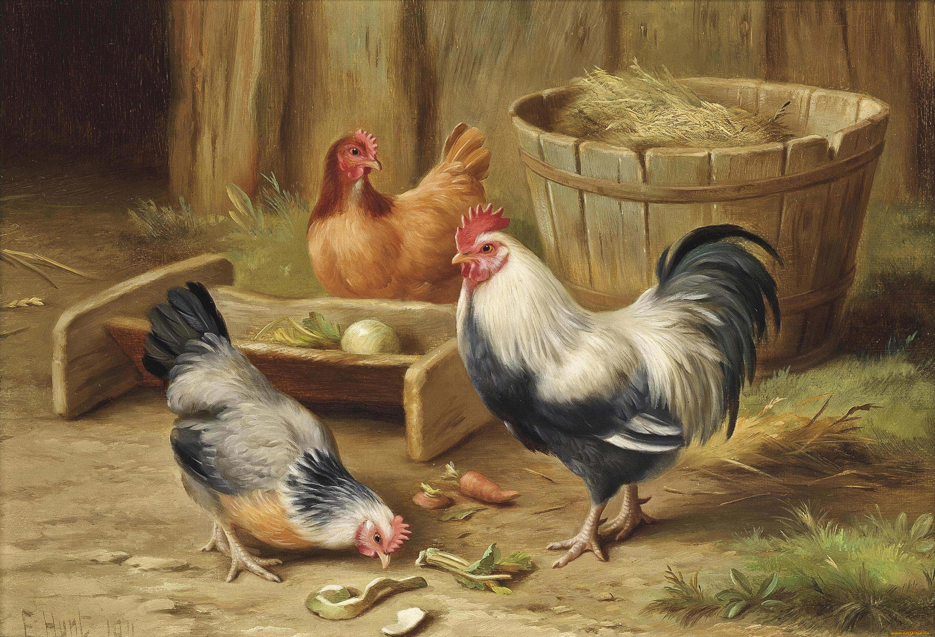 Artwork Animals Birds Chickens Painting 3200x2181