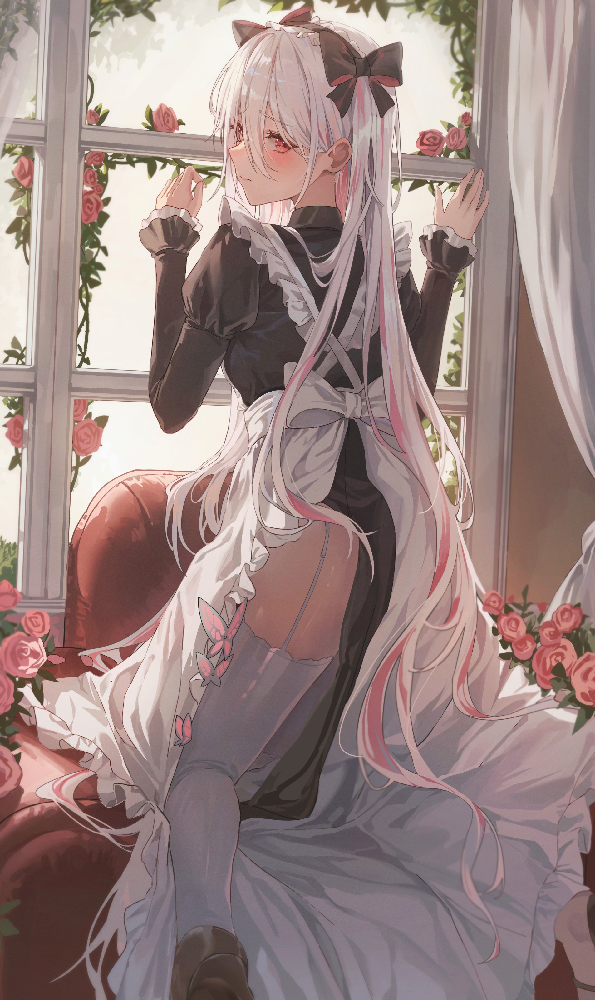 Anime Anime Girls Vertical Maid Maid Outfit Window Flowers Looking Back Looking At Viewer Long Hair  1906x3200