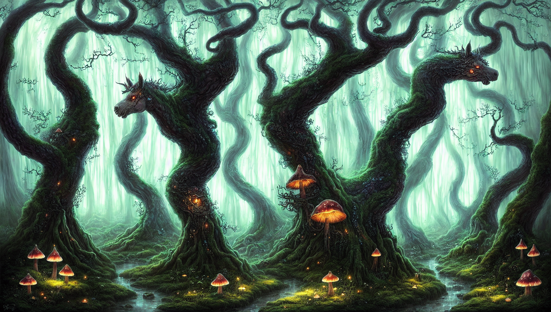 Spooky Forest Mushroom Digital Art Ai Art Trees 1920x1088