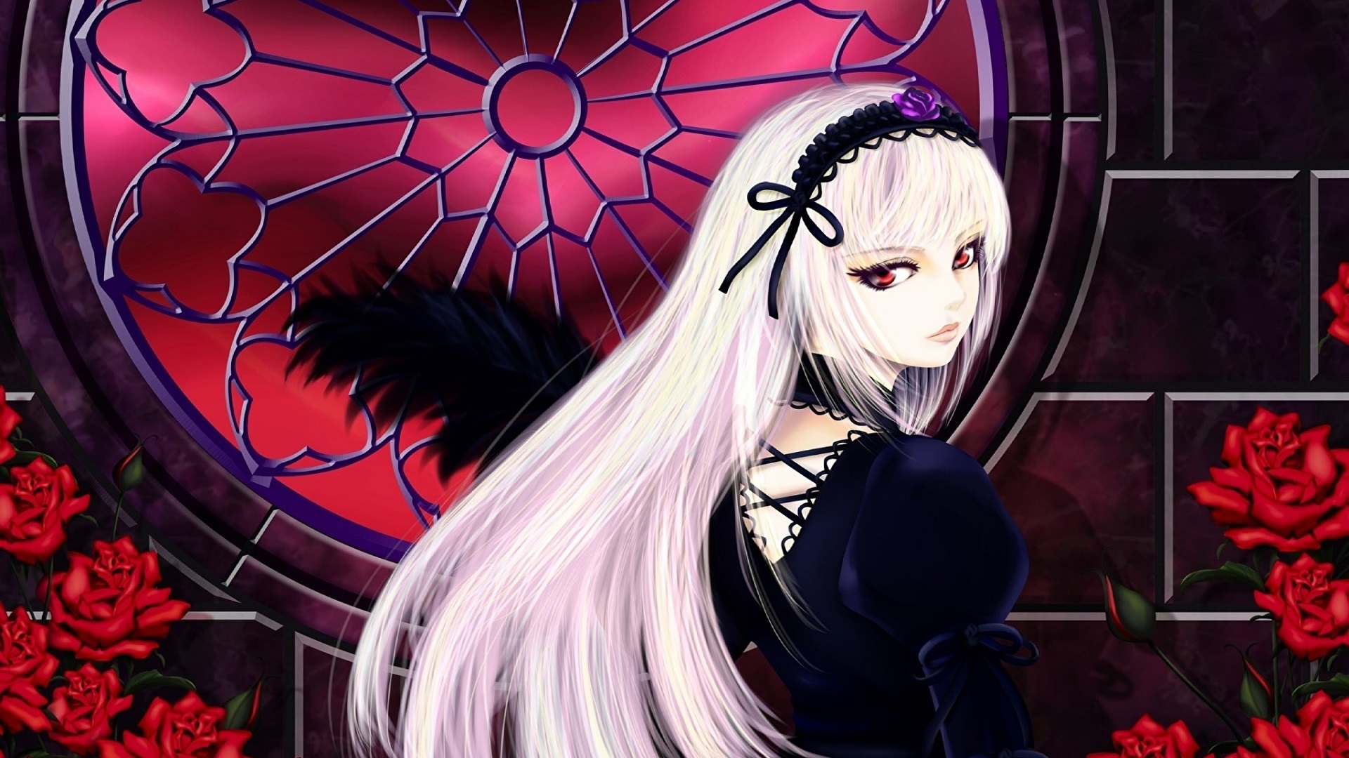 Anime Girls Gothic Long Hair Looking At Viewer Looking Back Flowers White Hair Red Eyes Dress 1920x1080