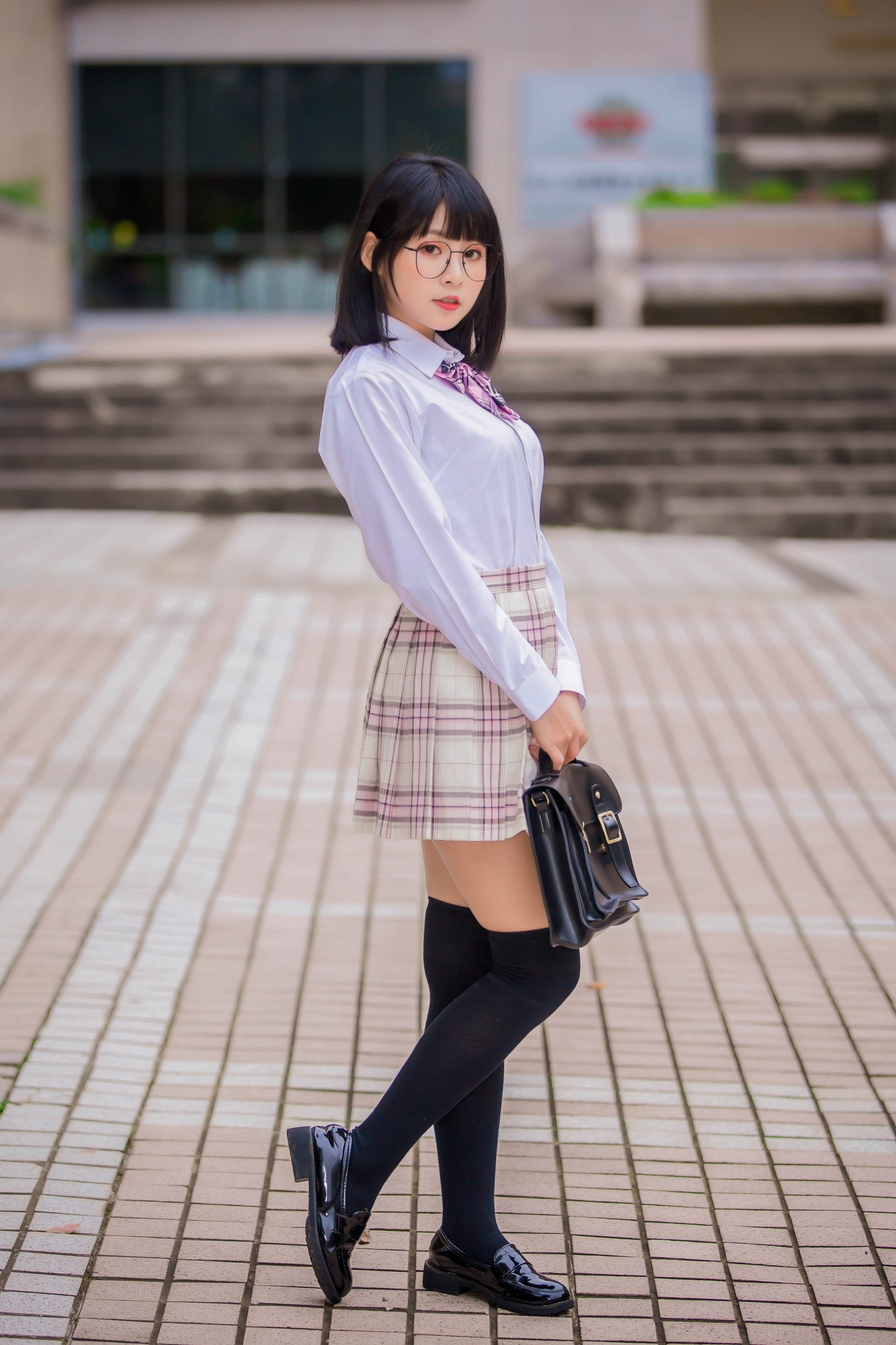 Asian Model Women Dark Hair Knee High Socks School Uniform Glasses Short Hair Stairs Depth Of Field  2560x3840