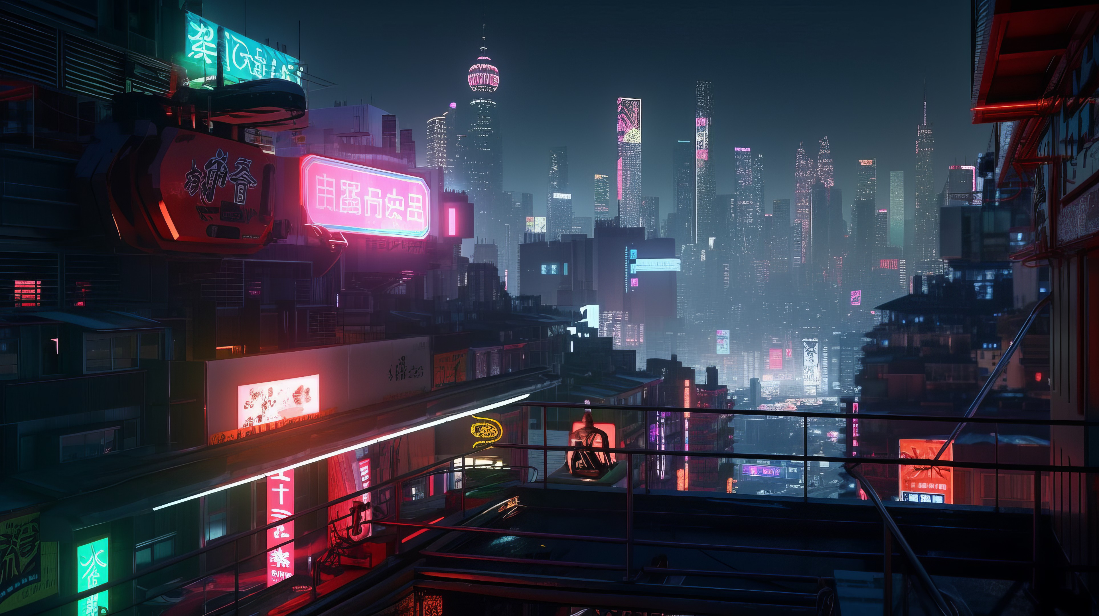 Ai Art Cyberpunk City Neon Rooftops City Lights Building Skyscraper Night 3854x2160