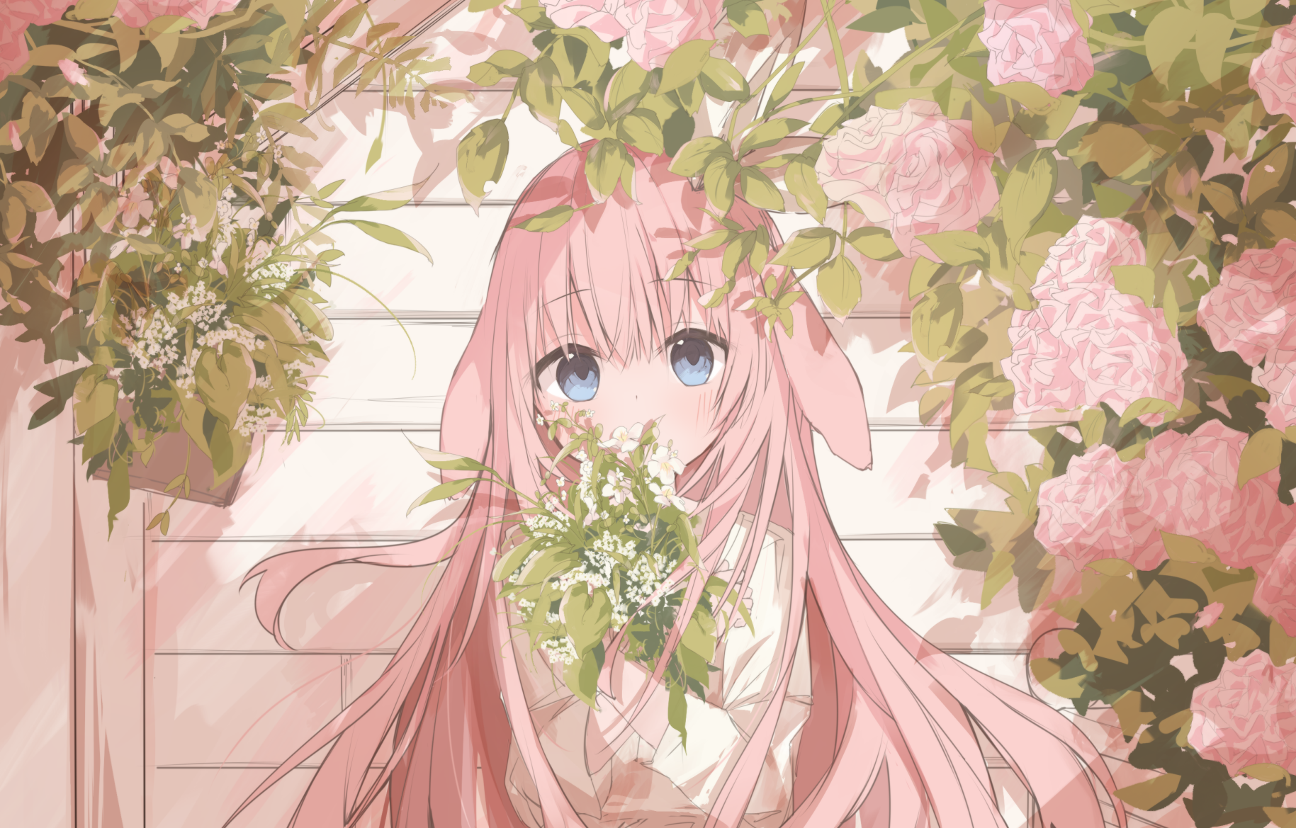 Anime Anime Girls Long Hair Looking At Viewer Flowers Leaves Blushing Bouquet Pink Hair Blue Eyes 1829x1169