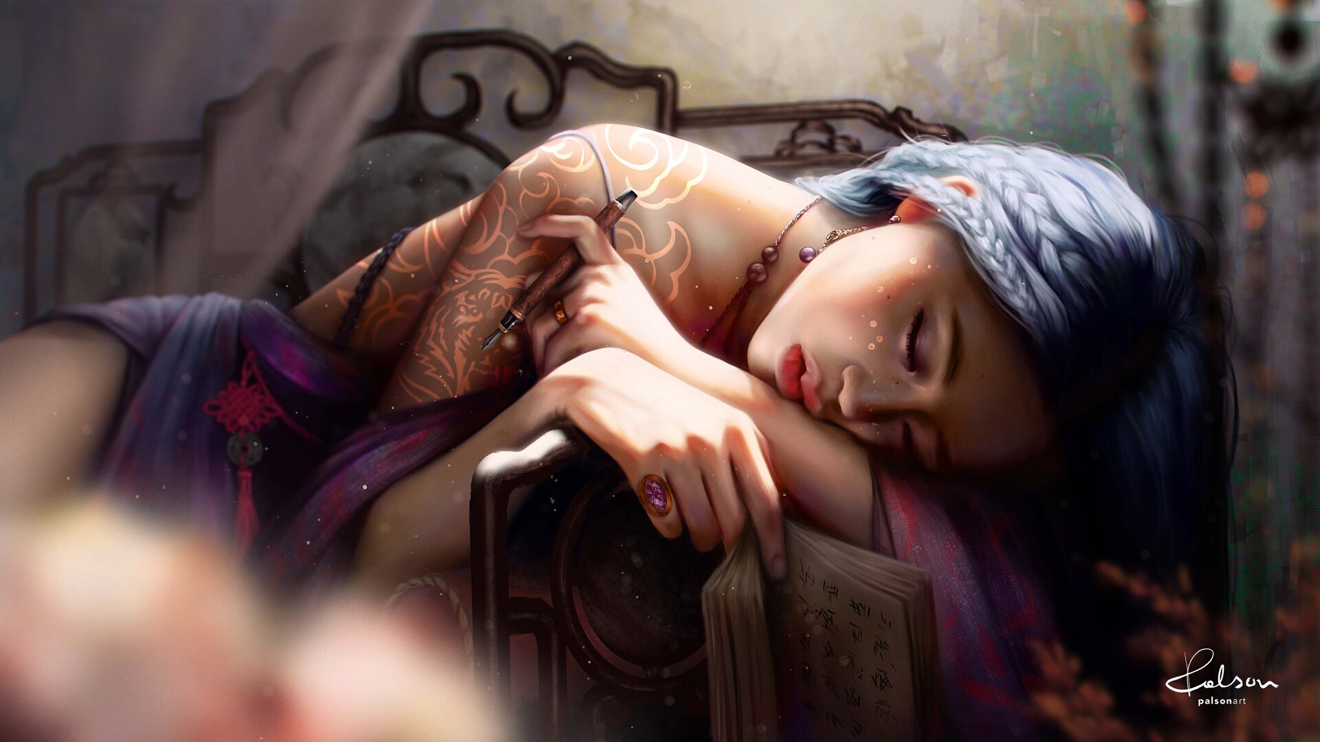 Paulina Bochniak Digital Art Artwork Illustration Women Blue Hair Sleeping Character Design Tattoo C 1920x1080